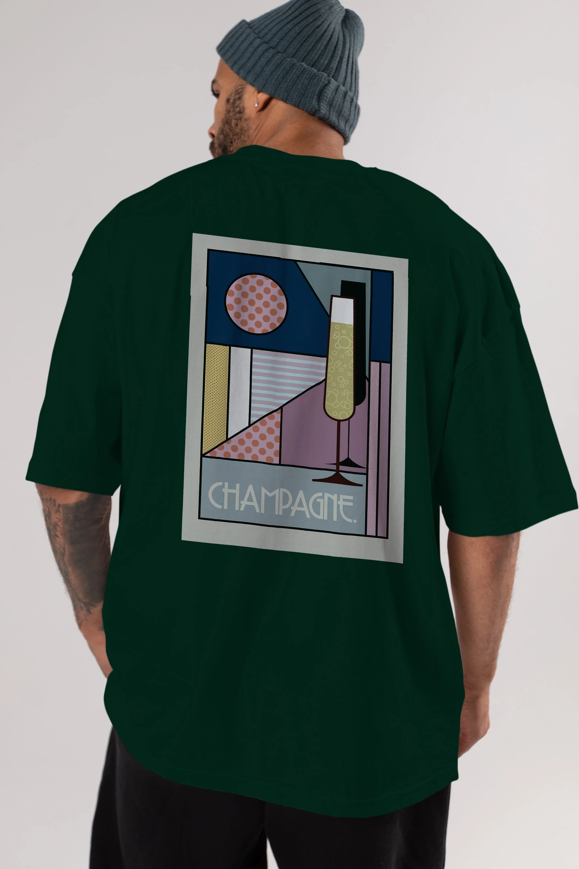 Champagne Arka Baskılı Oversize t-shirt Erkek Kadın Unisex %100 Pamuk Bisiklet Yaka tişort