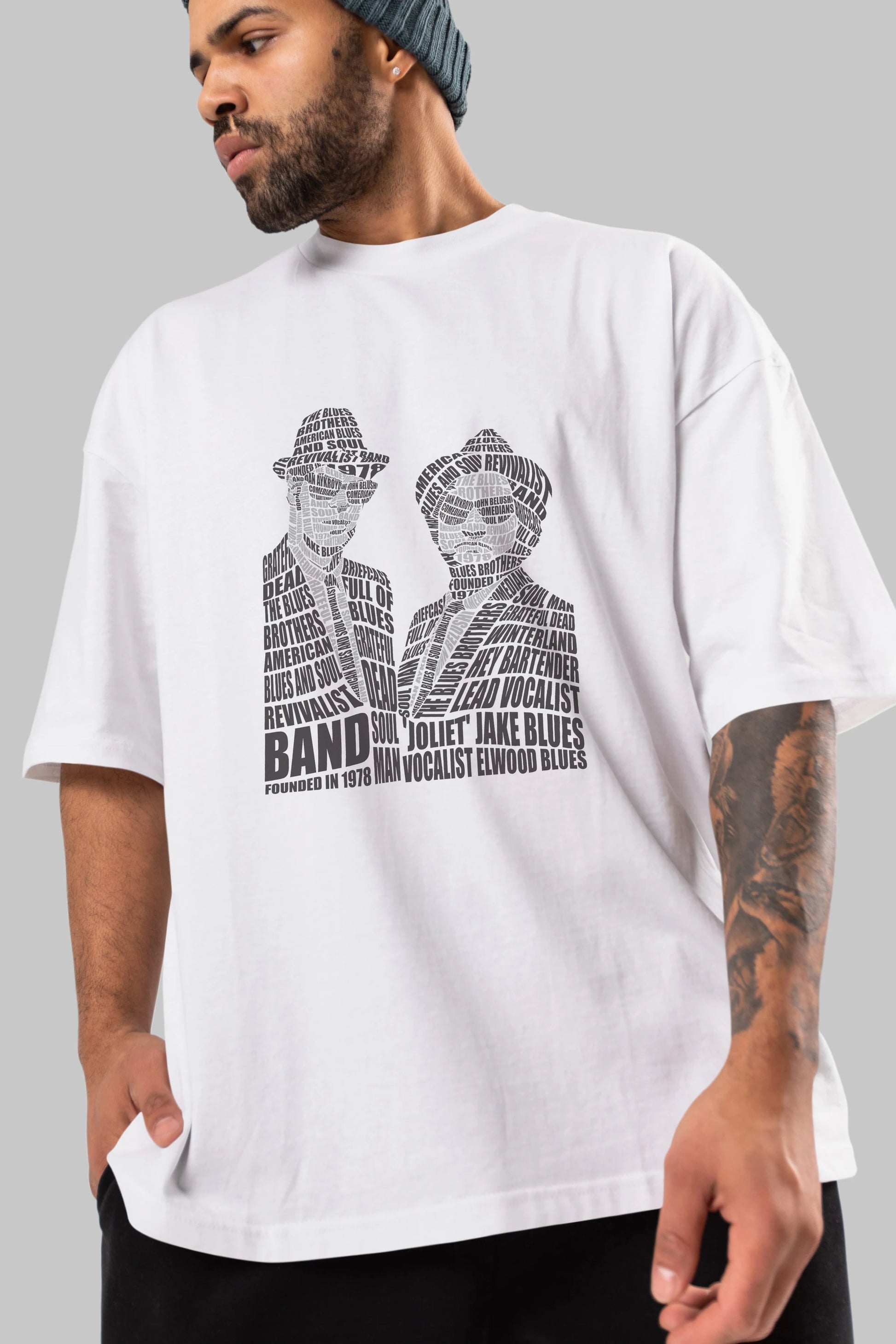 Blues Brothers Calligram Ön Baskılı Oversize t-shirt %100 pamuk Erkek Kadın Unisex