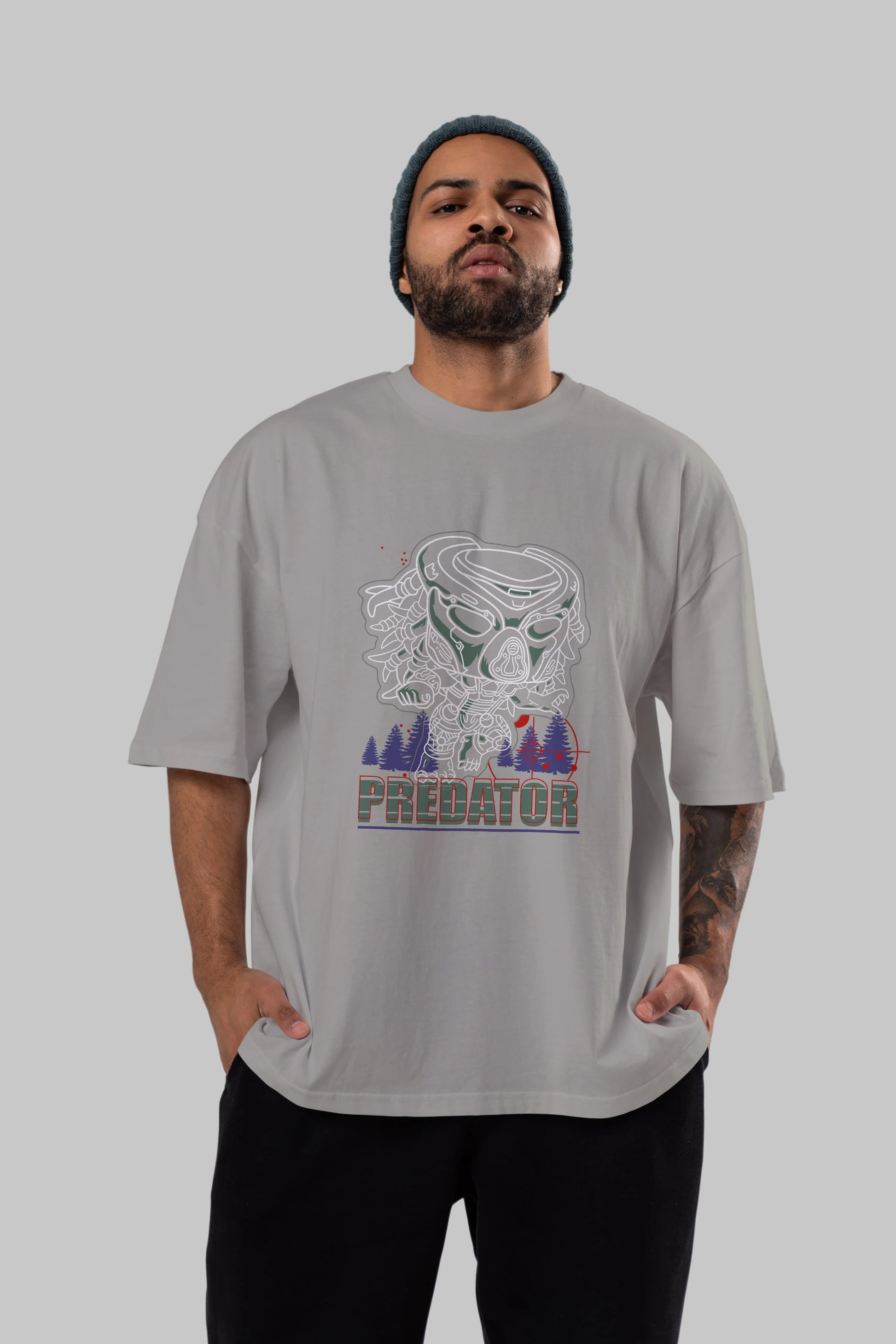 Predator Ön Baskılı Oversize t-shirt Erkek Kadın Unisex %100 Pamuk Bisiklet Yaka tişort