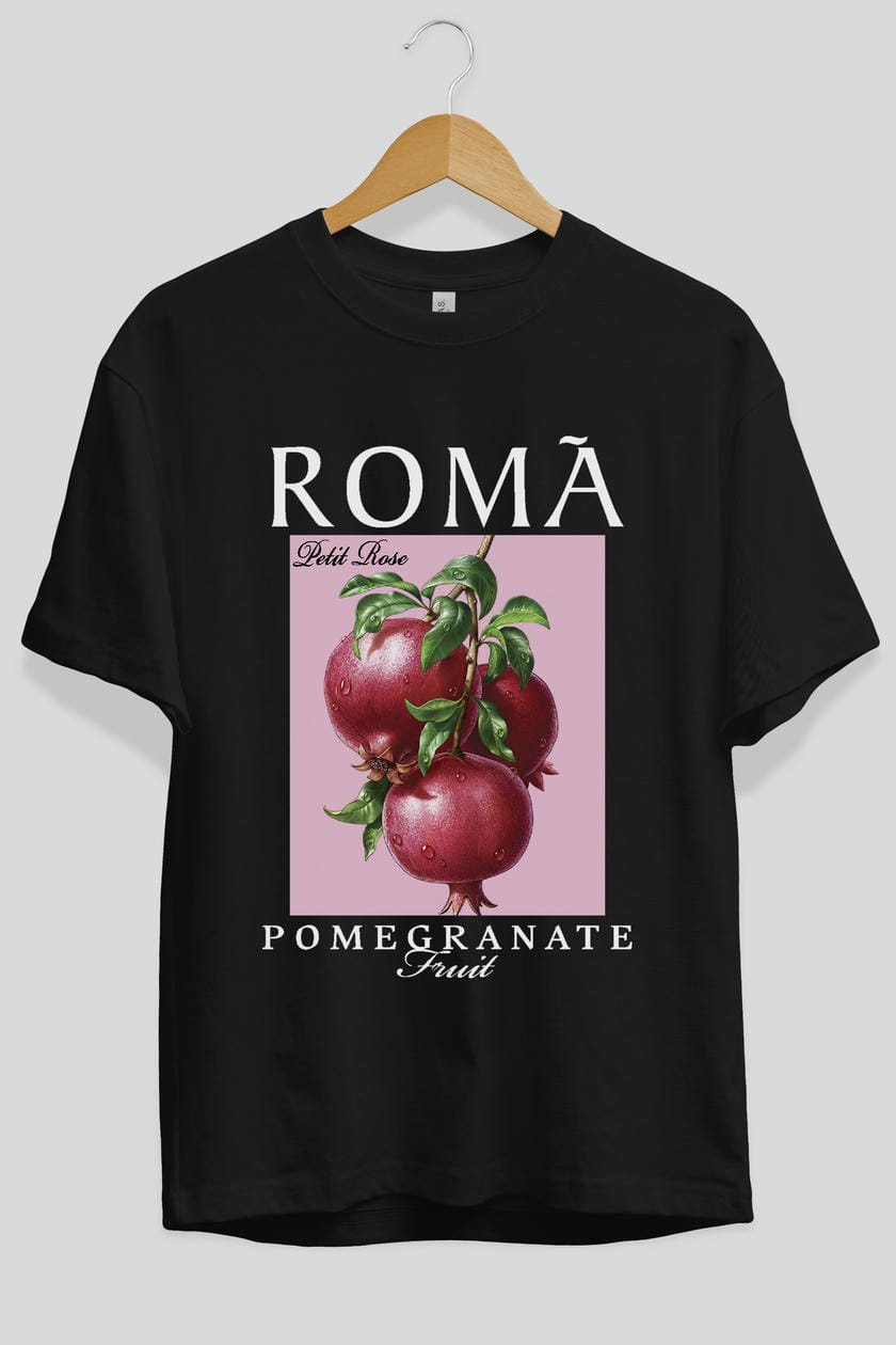 Roma Pomegranate Nar Ön Baskılı Oversize t-shirt Erkek Kadın Pamuk Bisiklet Yaka tişort
