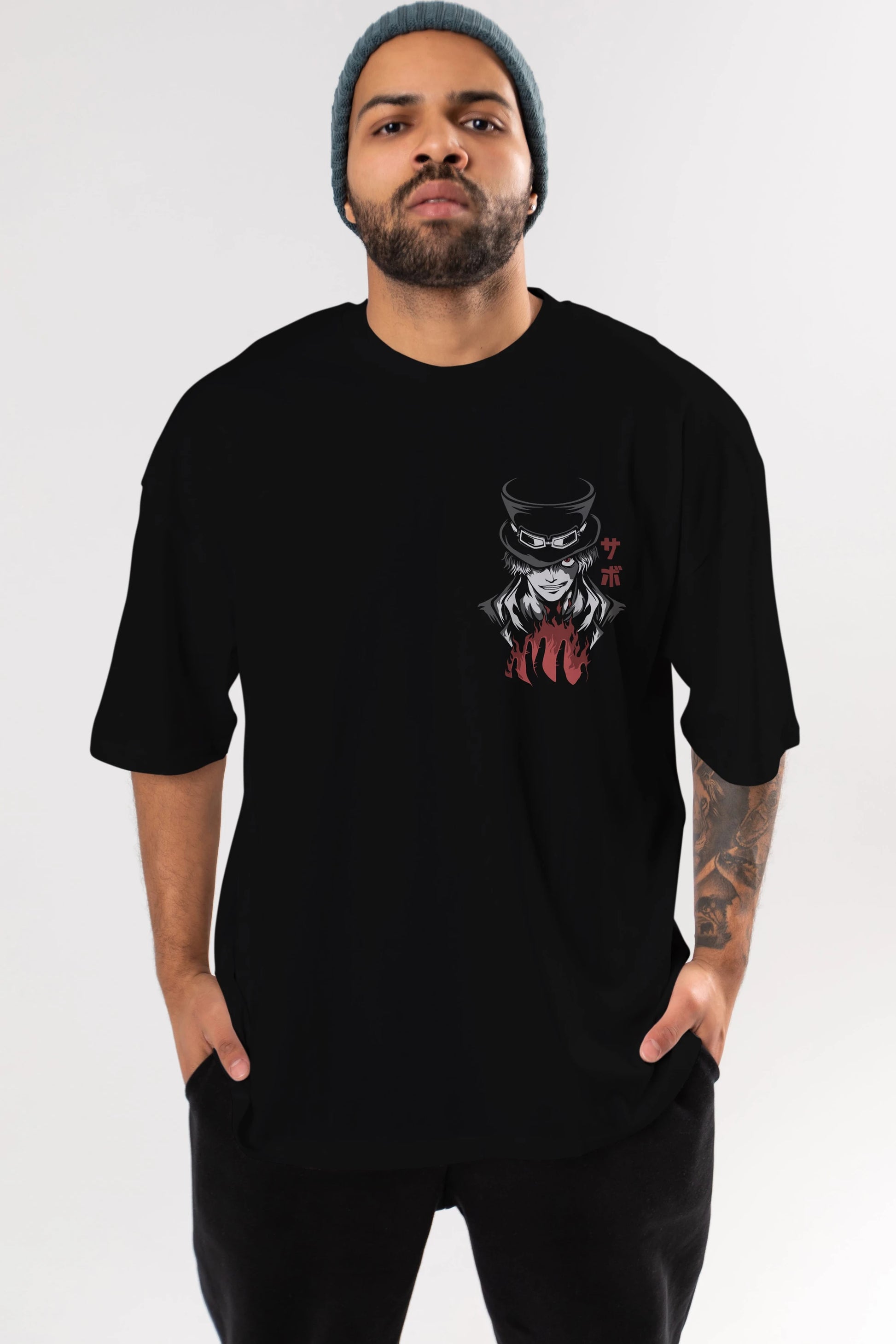 SaboOnePiece Ön Sol Baskılı Oversize t-shirt Erkek Kadın Unisex %100 Pamuk Bisiklet Yaka tişort