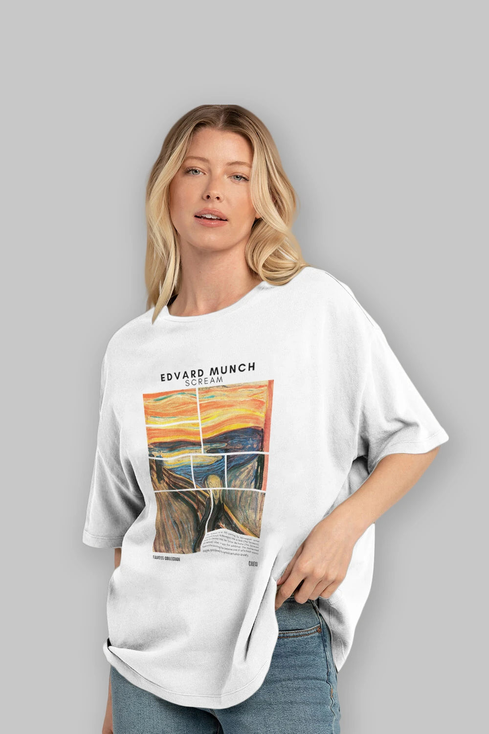 Edvard Munch Scream ön Baskılı Oversize t-shirt Erkek Kadın Bisiklet Yaka Pamuk tişort