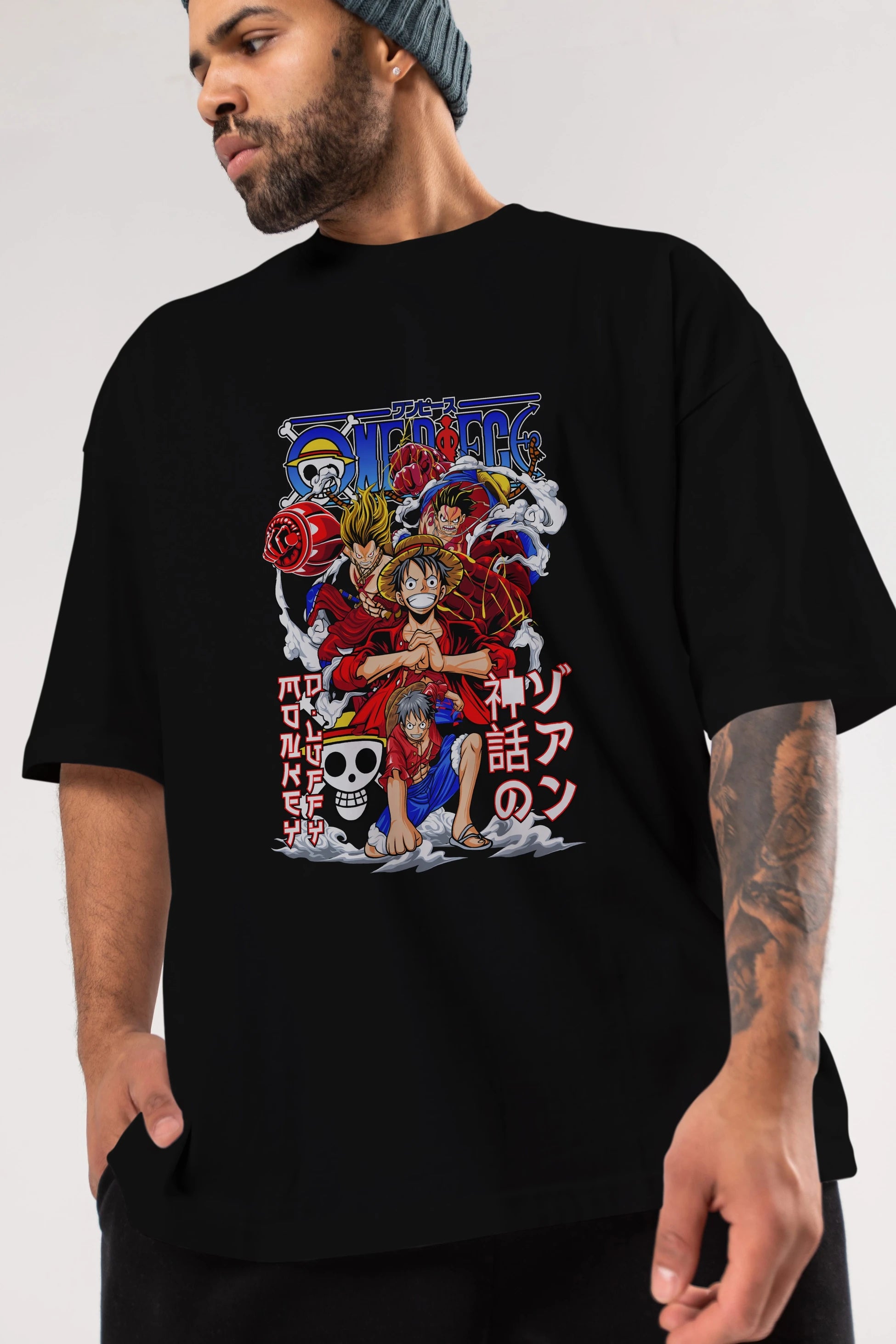 MONKEY D. LUFF-ONE PIECE 2 Anime Ön Baskılı Oversize t-shirt %100 pamuk Erkek Kadın Unisex