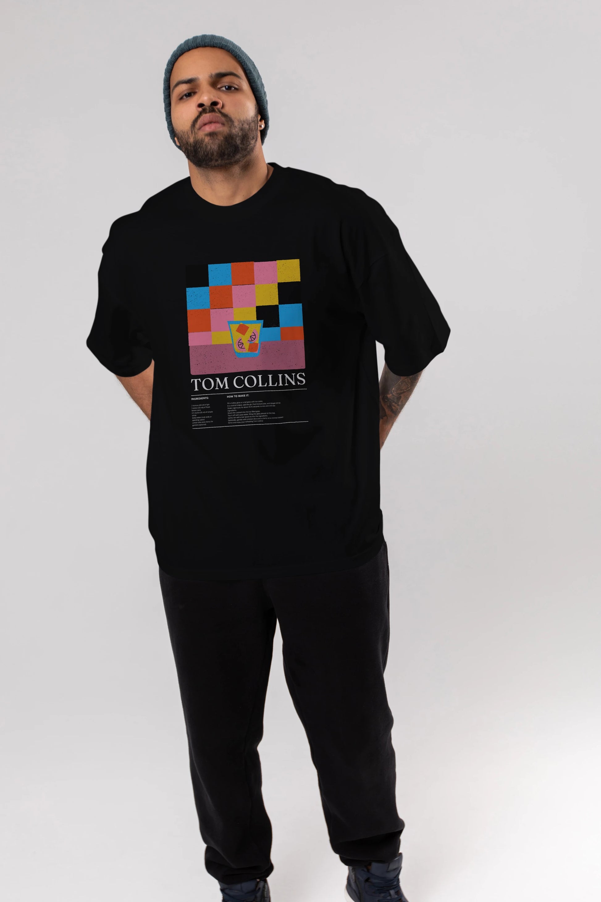 Tom Collins Kokteyl Ön Baskılı Oversize t-shirt Erkek Kadın %100 Pamuk Bisiklet Yaka tişort