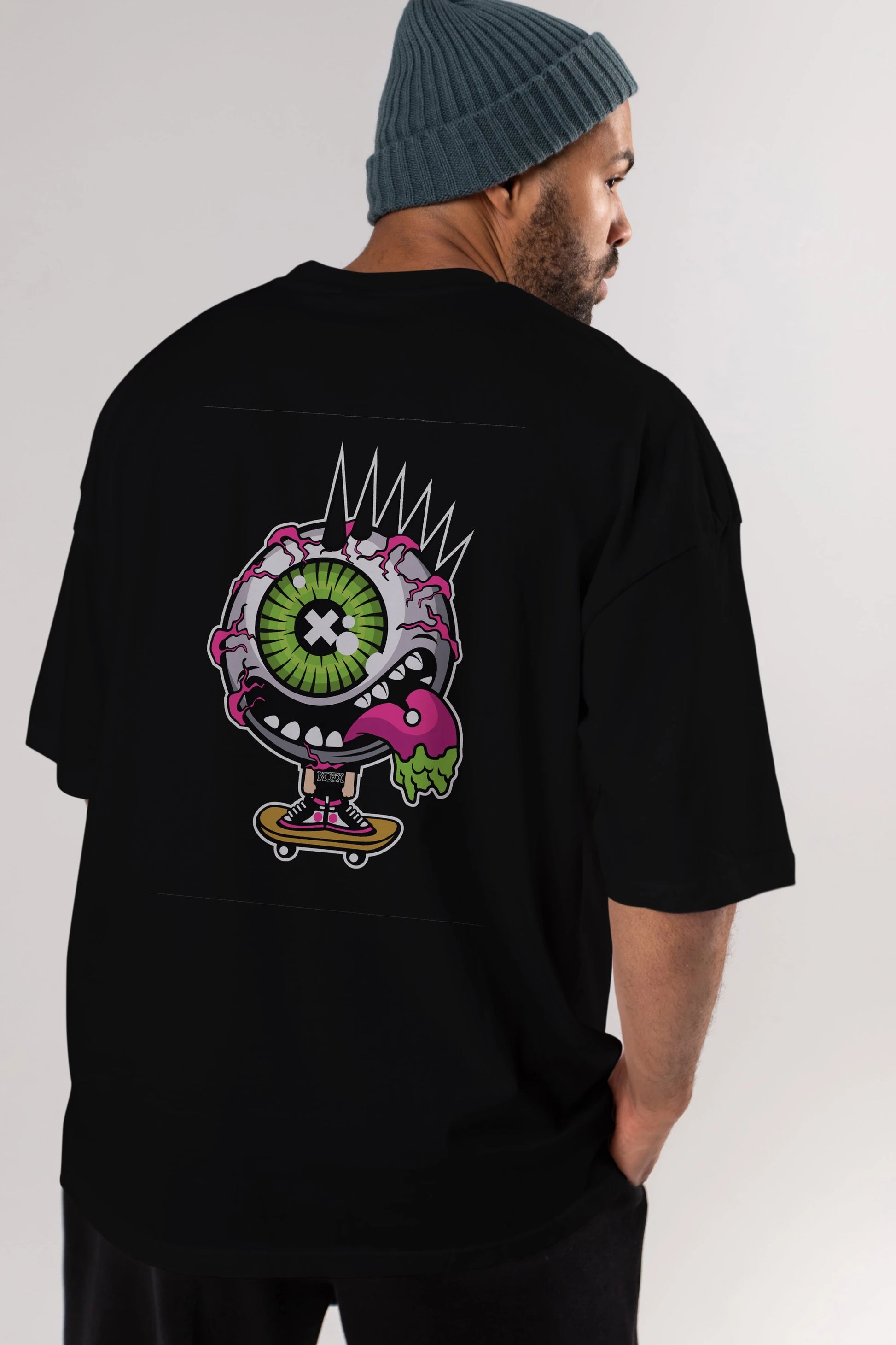 Eye Monster Skater Arka Baskılı Oversize t-shirt Erkek Kadın Unisex %100 Pamuk tişort
