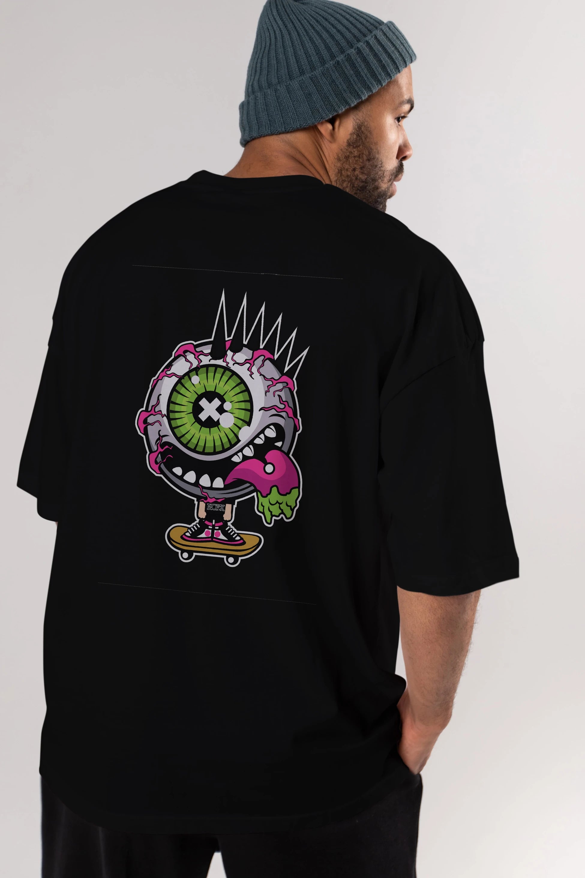 Eye Monster Skater Arka Baskılı Oversize t-shirt Erkek Kadın Unisex %100 Pamuk tişort