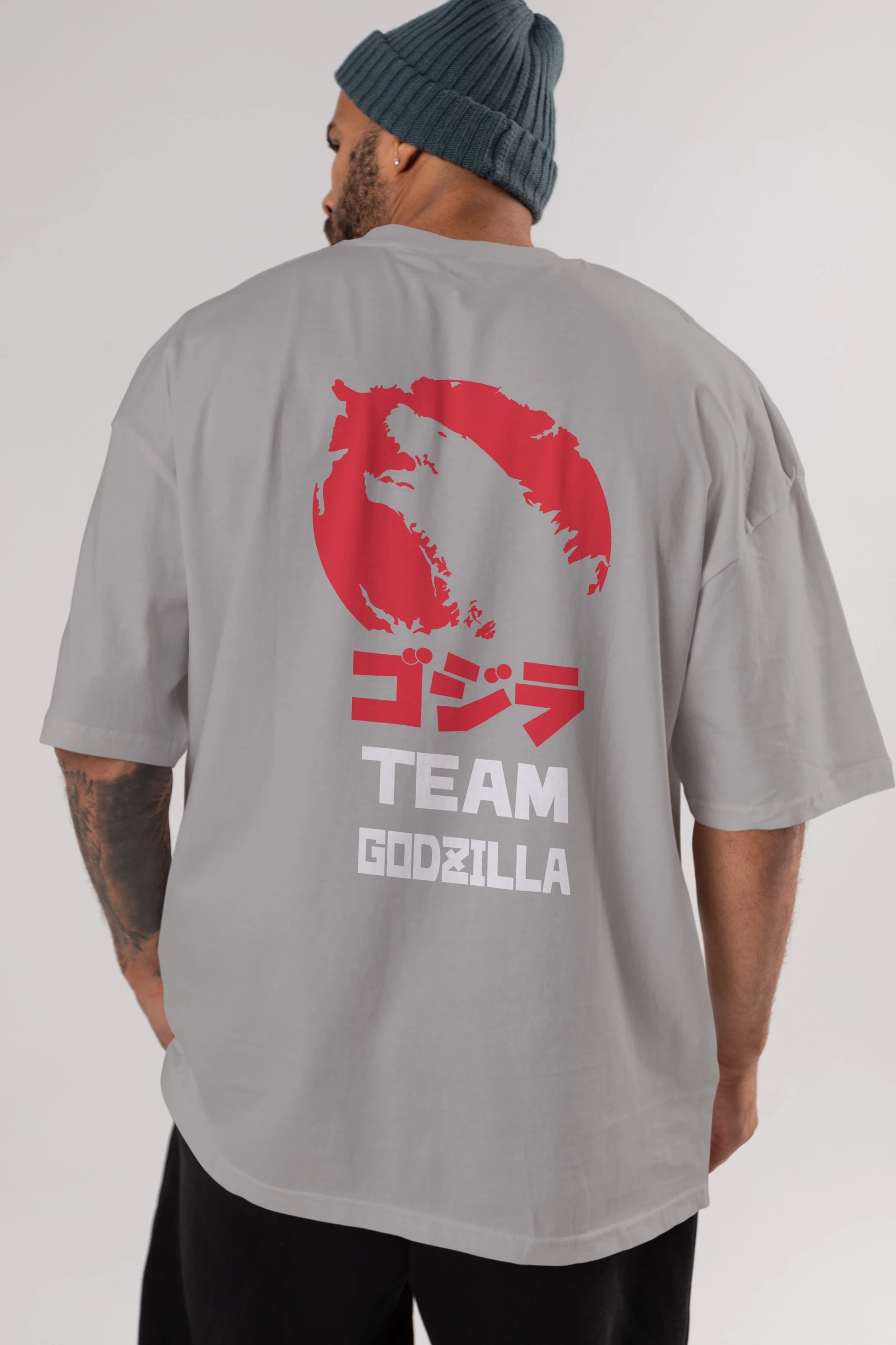 Team Godzilla Arka Baskılı Oversize t-shirt Erkek Kadın Unisex %100 Pamuk Bisiklet Yaka tişort