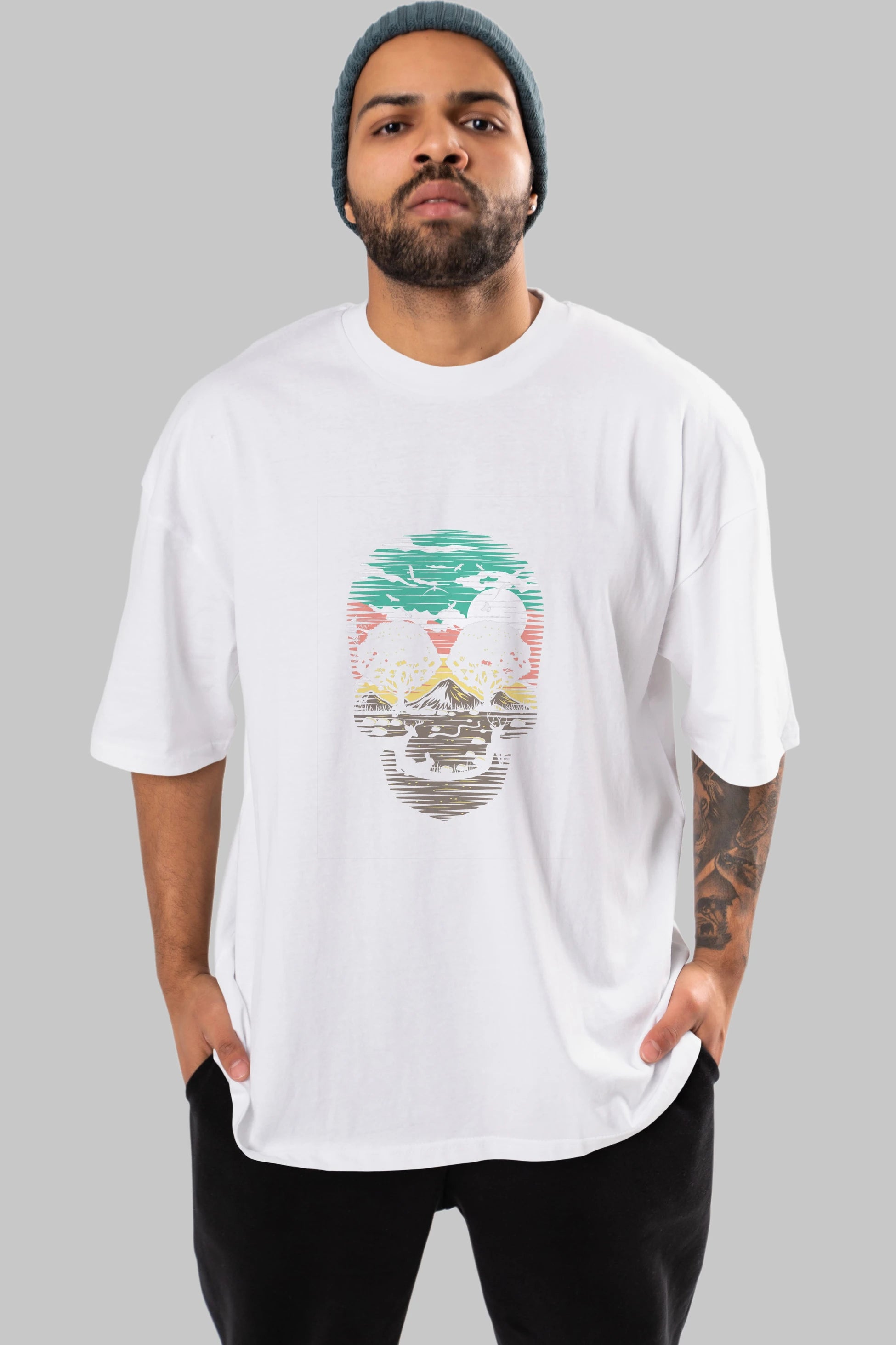 Skull Nature Ön Baskılı Oversize t-shirt %100 pamuk Erkek Kadın Unisex