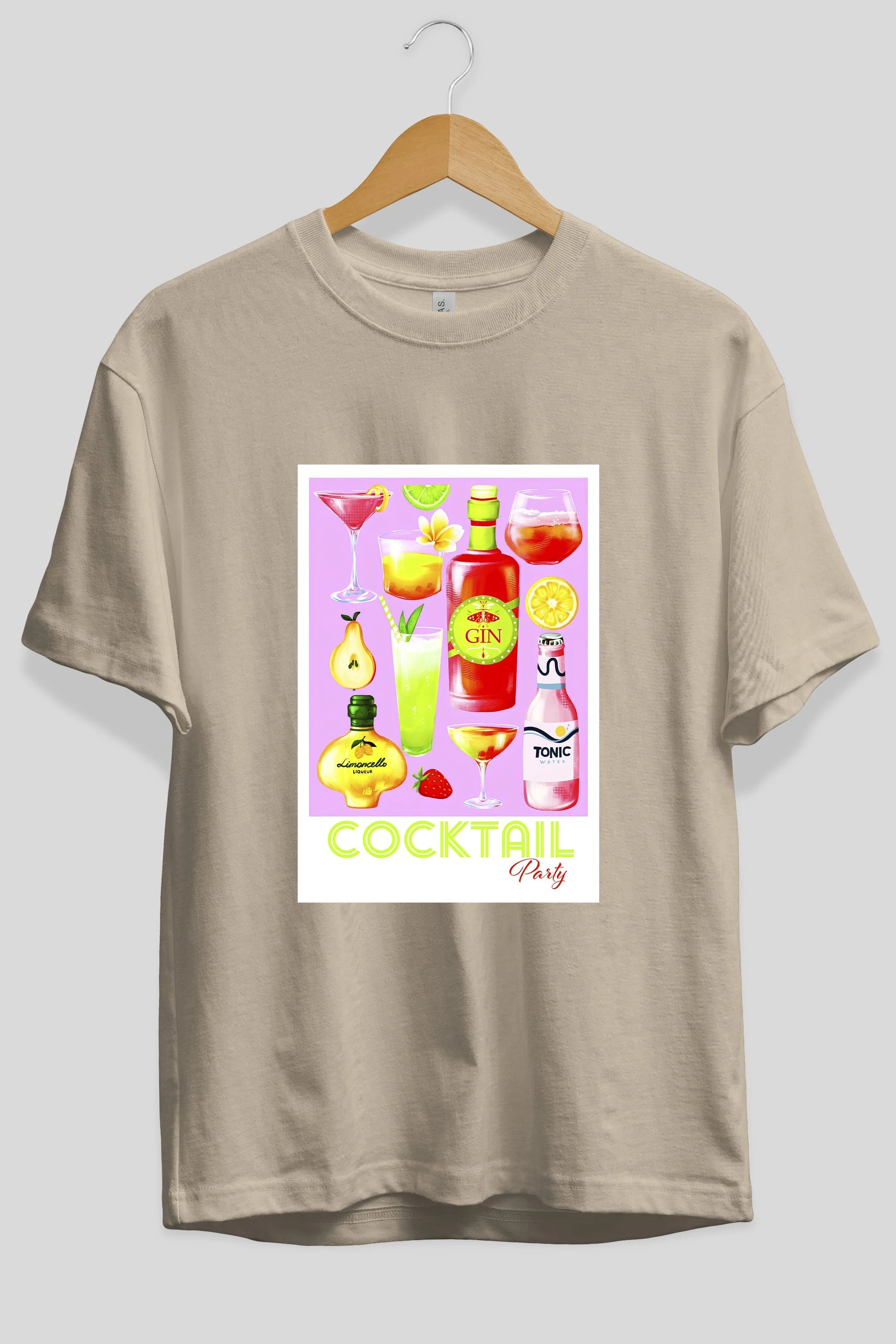 Cocktail Party Ön Baskılı Oversize t-shirt Erkek Kadın Unisex %100 Pamuk Bisiklet Yaka tişort