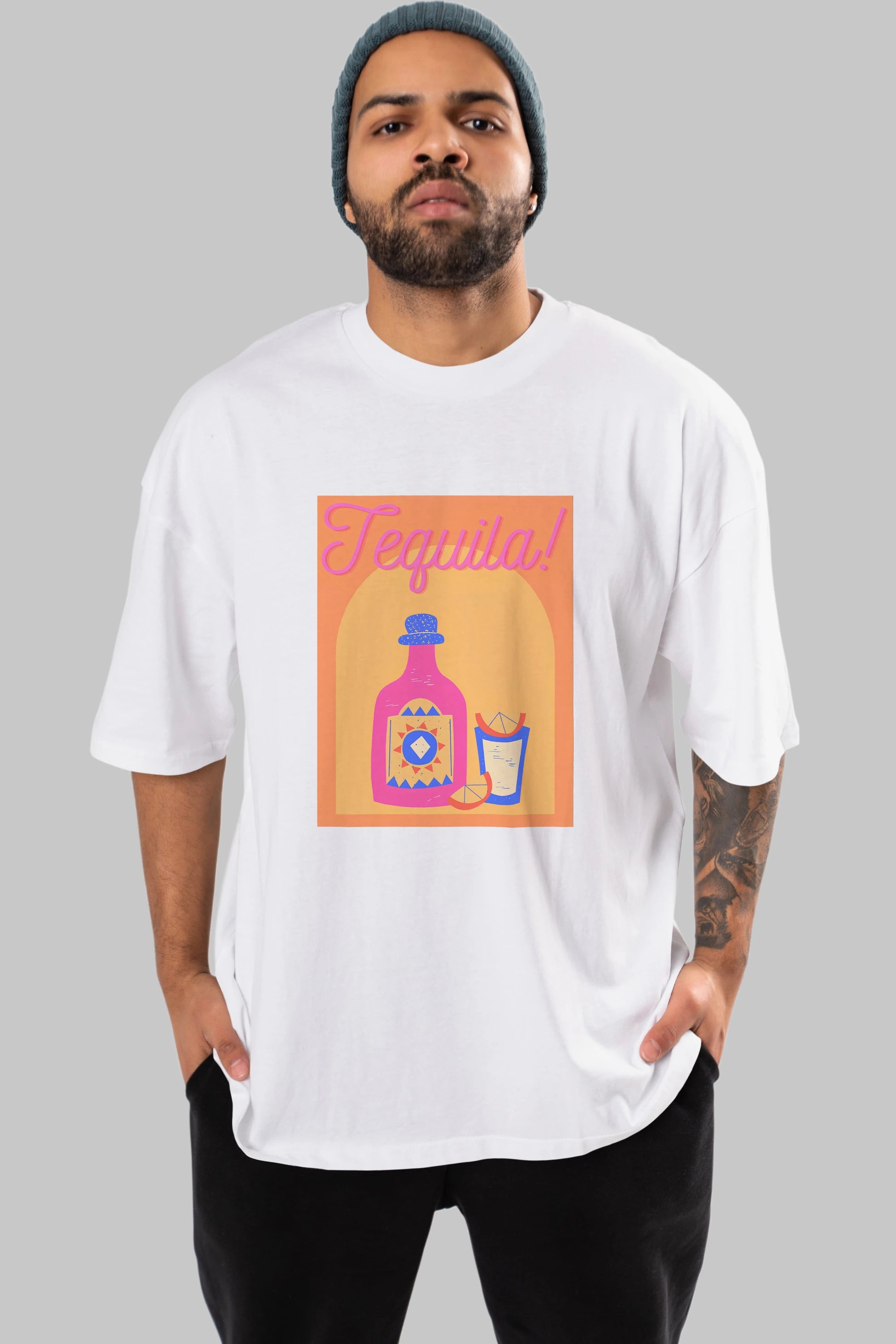 Tequila Ön Baskılı Oversize t-shirt Erkek Kadın Unisex %100 Pamuk Bisiklet Yaka tişort