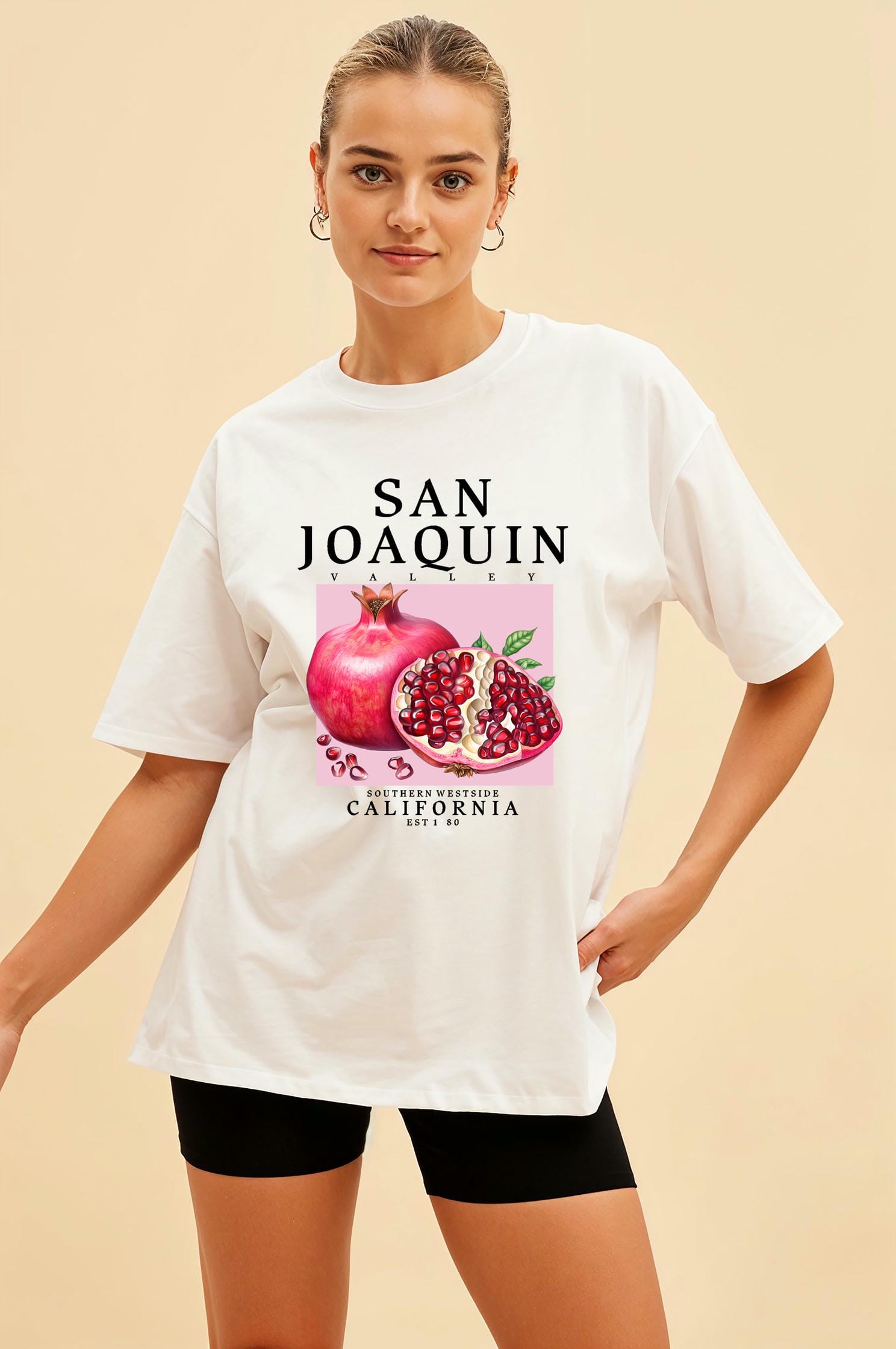 San Joaquin Nar Ön Baskılı Oversize t-shirt Erkek Kadın Pamuk Bisiklet Yaka tişort