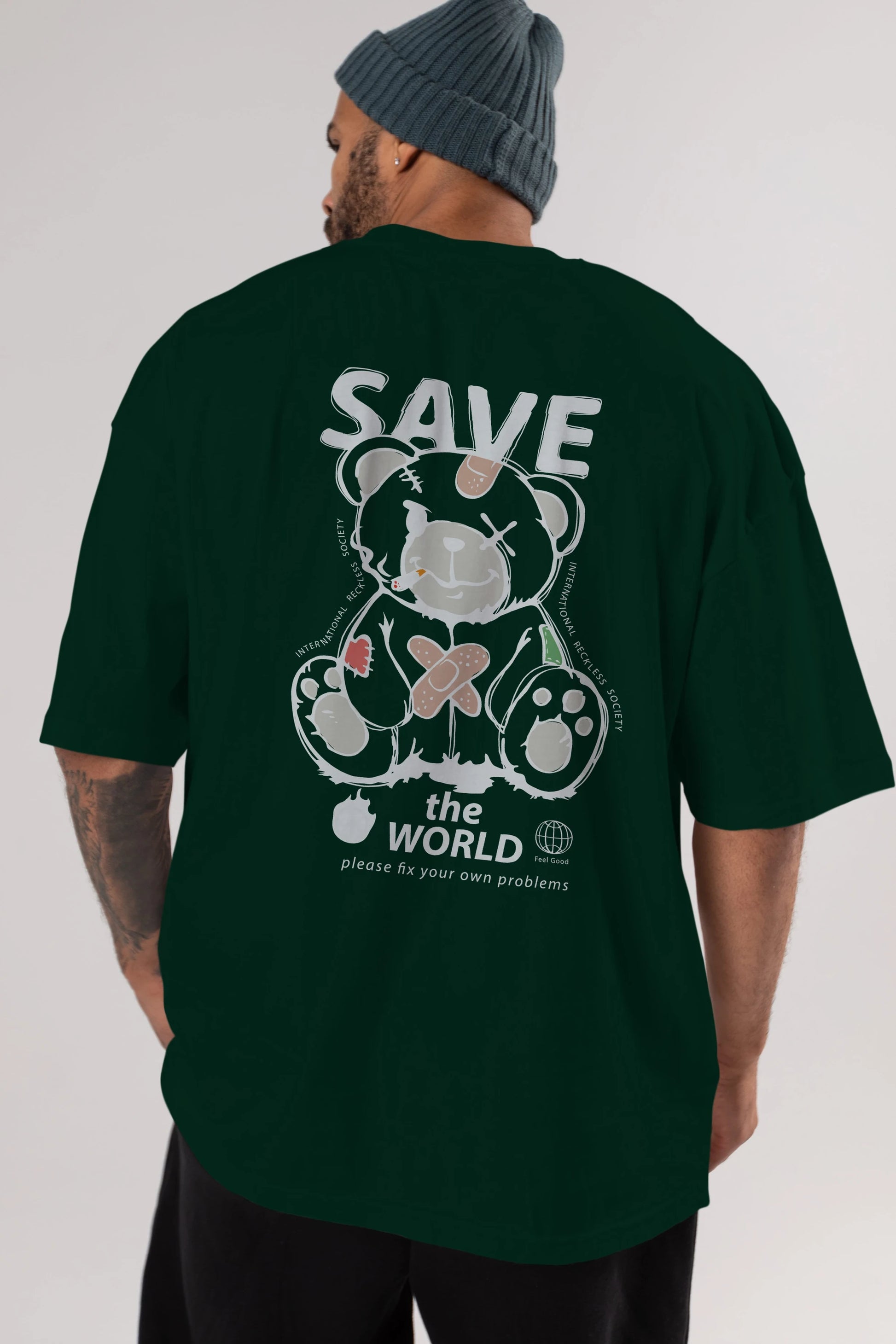 Save the World Bear Arka Baskılı Oversize t-shirt Erkek Kadın Unisex