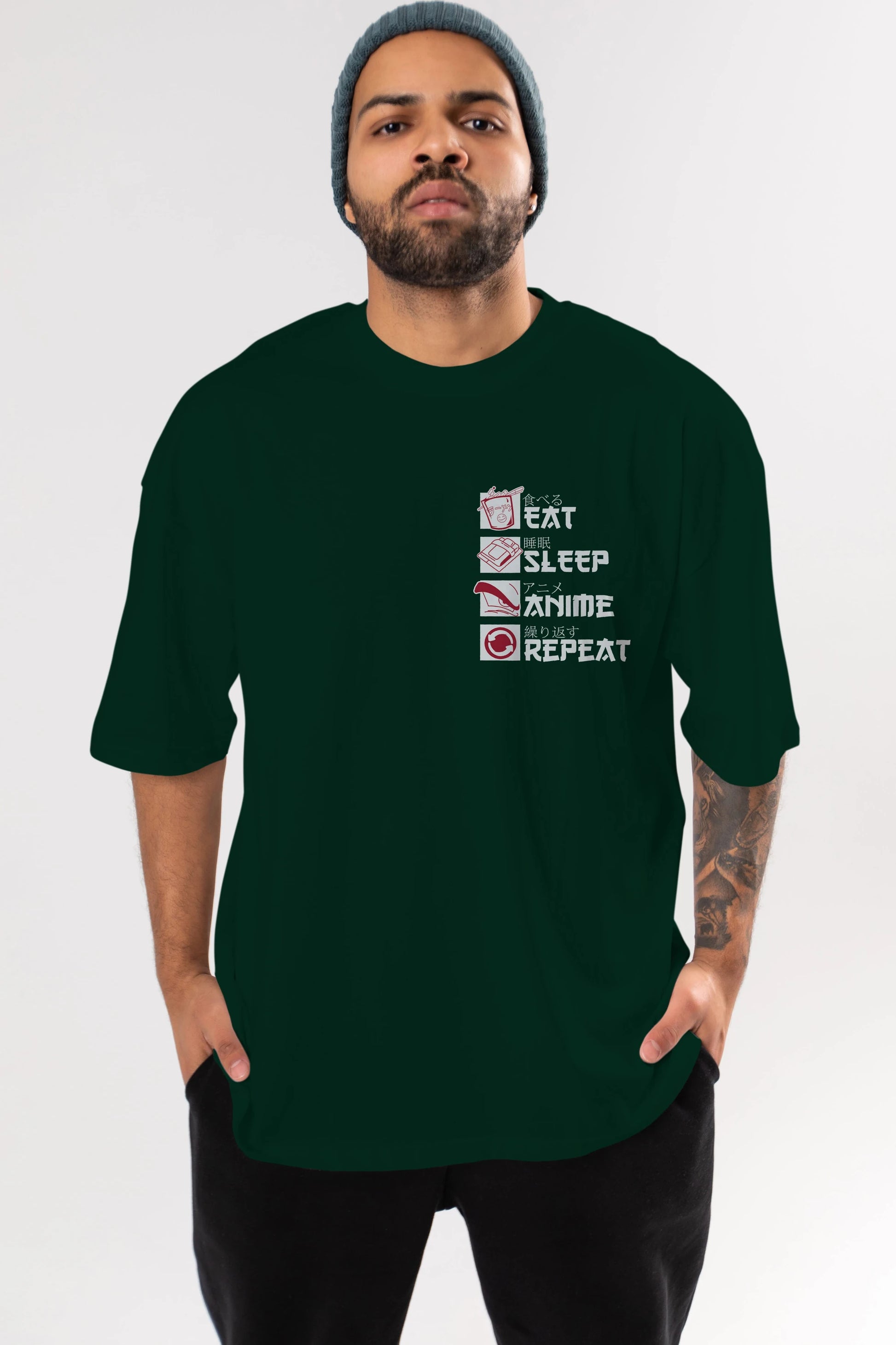 Eat, Sleep, Anime, Repeat Ön Sol Baskılı Oversize t-shirt Erkek Kadın Unisex %100 Pamuk Bisiklet Yaka tişort