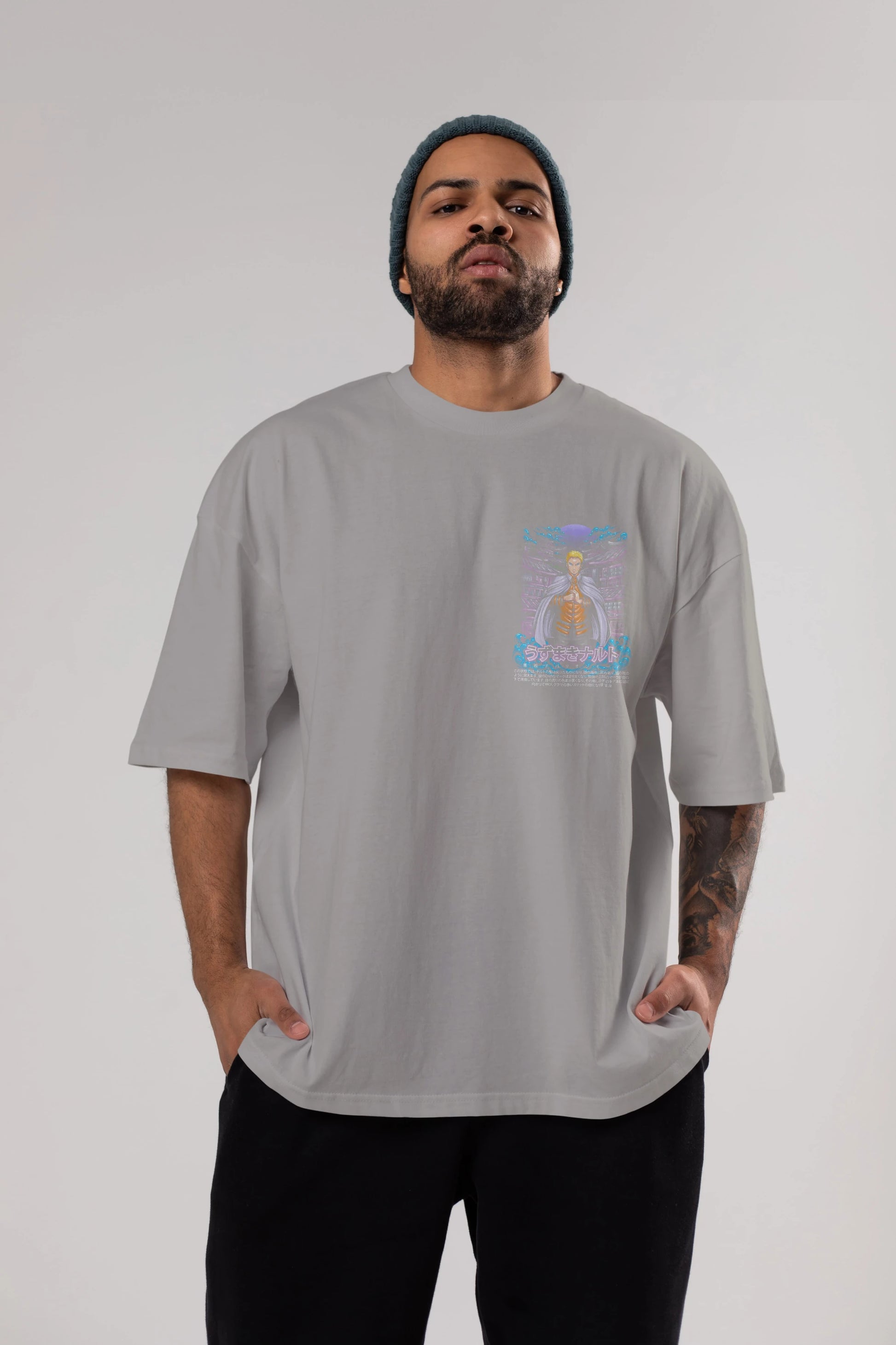 NARUTO (8) Ön Sol Baskılı Oversize t-shirt Erkek Kadın Unisex %100 Pamuk Bisiklet Yaka tişort