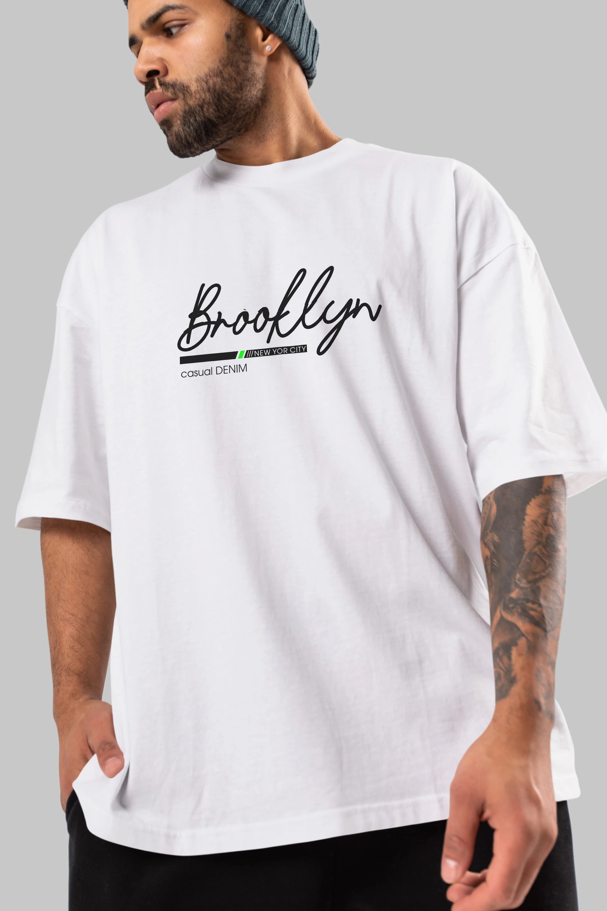 Brooklyn Denim Ön Baskılı Oversize t-shirt Erkek Kadın Unisex