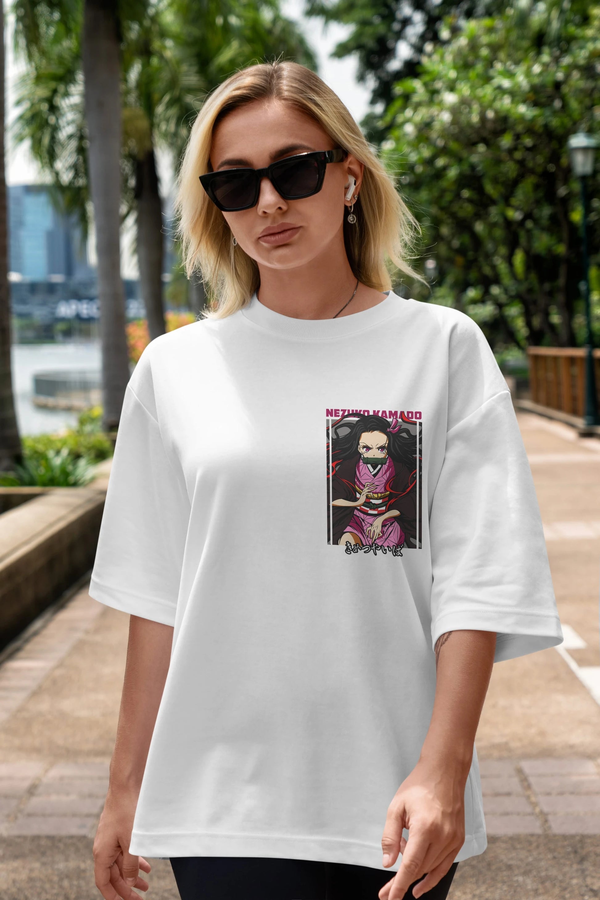 Nezuko Kamado 1 Ön Sol Baskılı Oversize t-shirt Erkek Kadın Unisex %100 Pamuk Bisiklet Yaka tişort