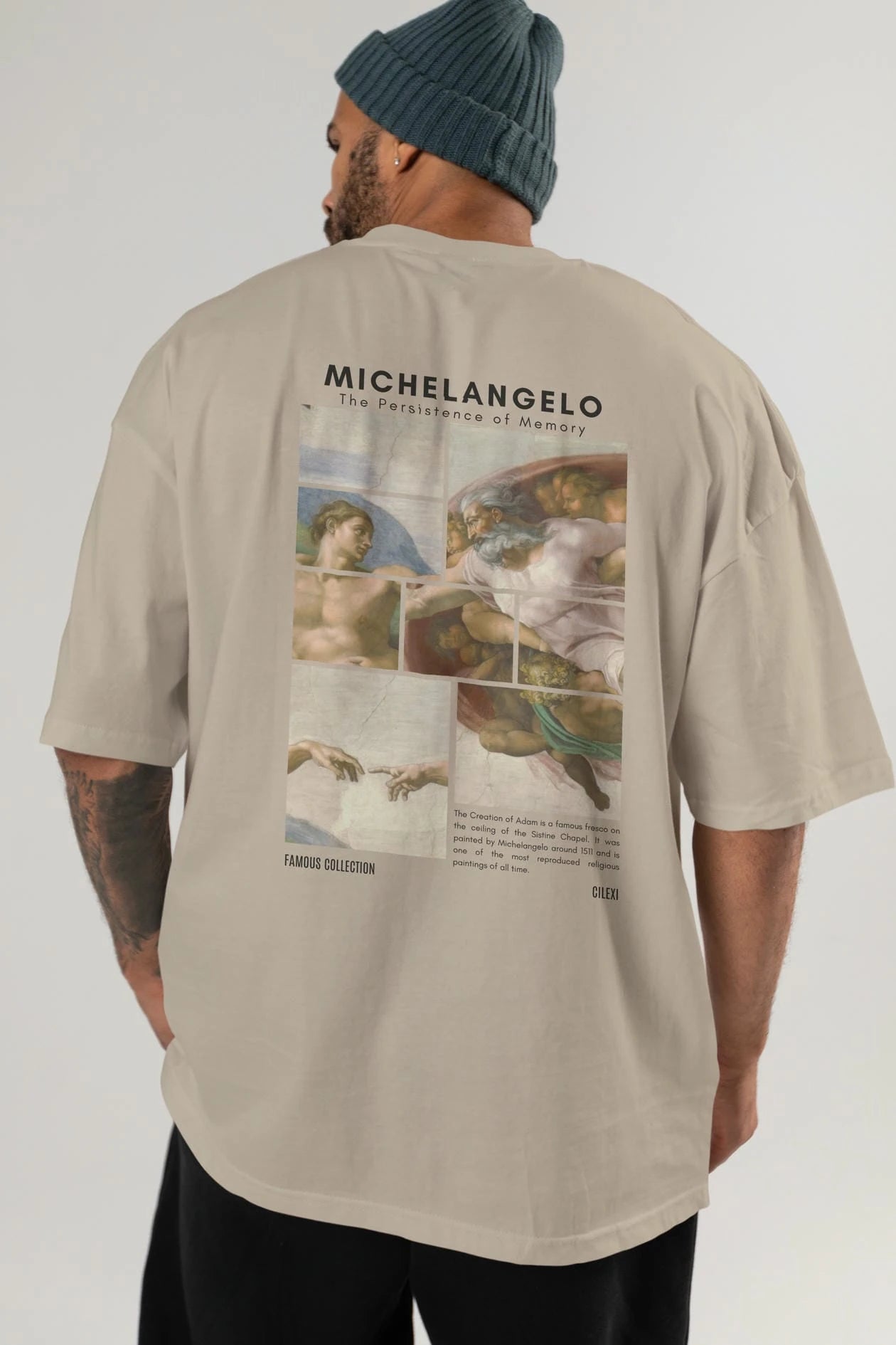 Michelangelo Arka Baskılı Oversize t-shirt Erkek Kadın Bisiklet Yaka Pamuk tişort