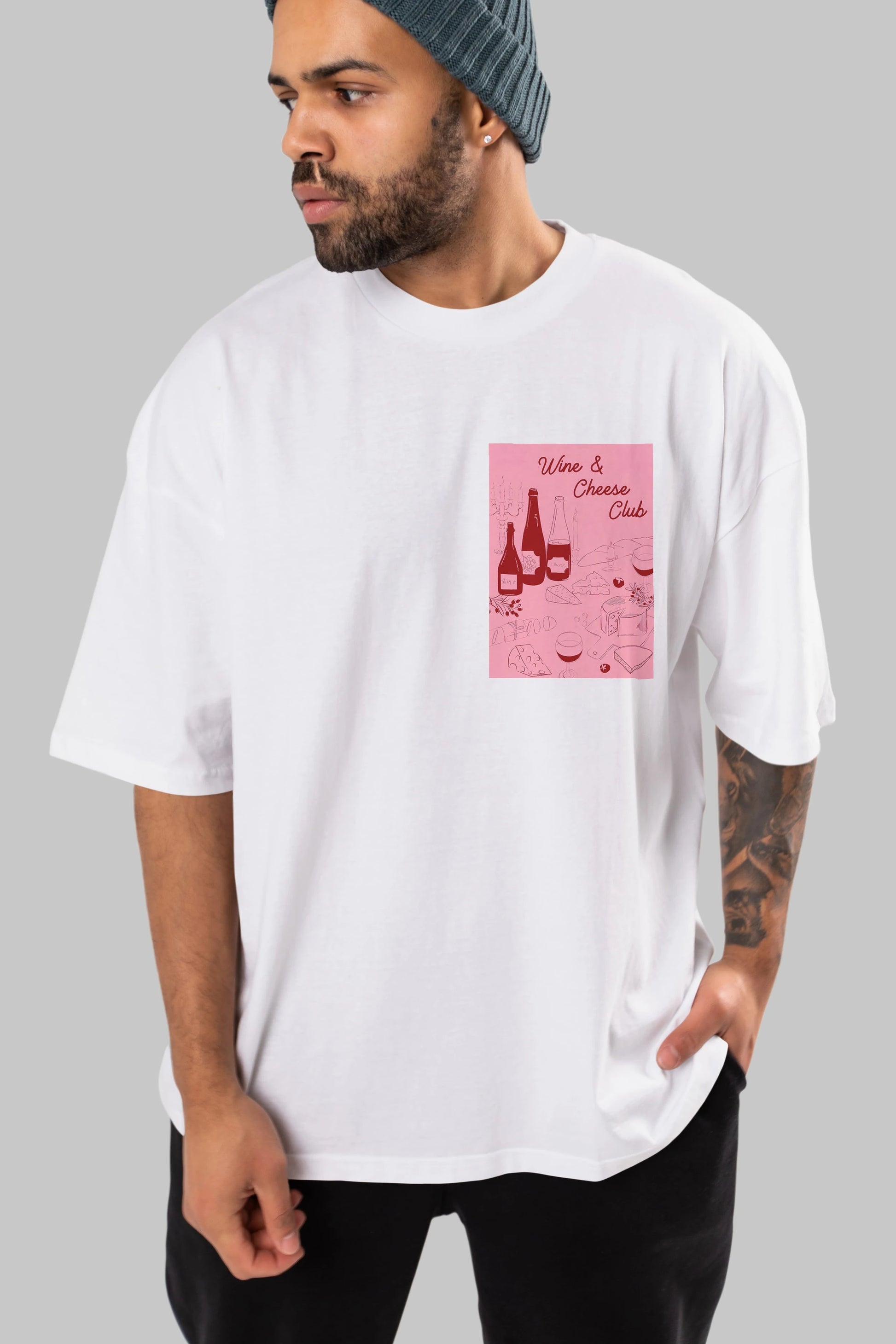 Wine Cheese Club Ön Sol Baskılı Oversize t-shirt Erkek Kadın Unisex %100 Pamuk Bisiklet Yaka tişort