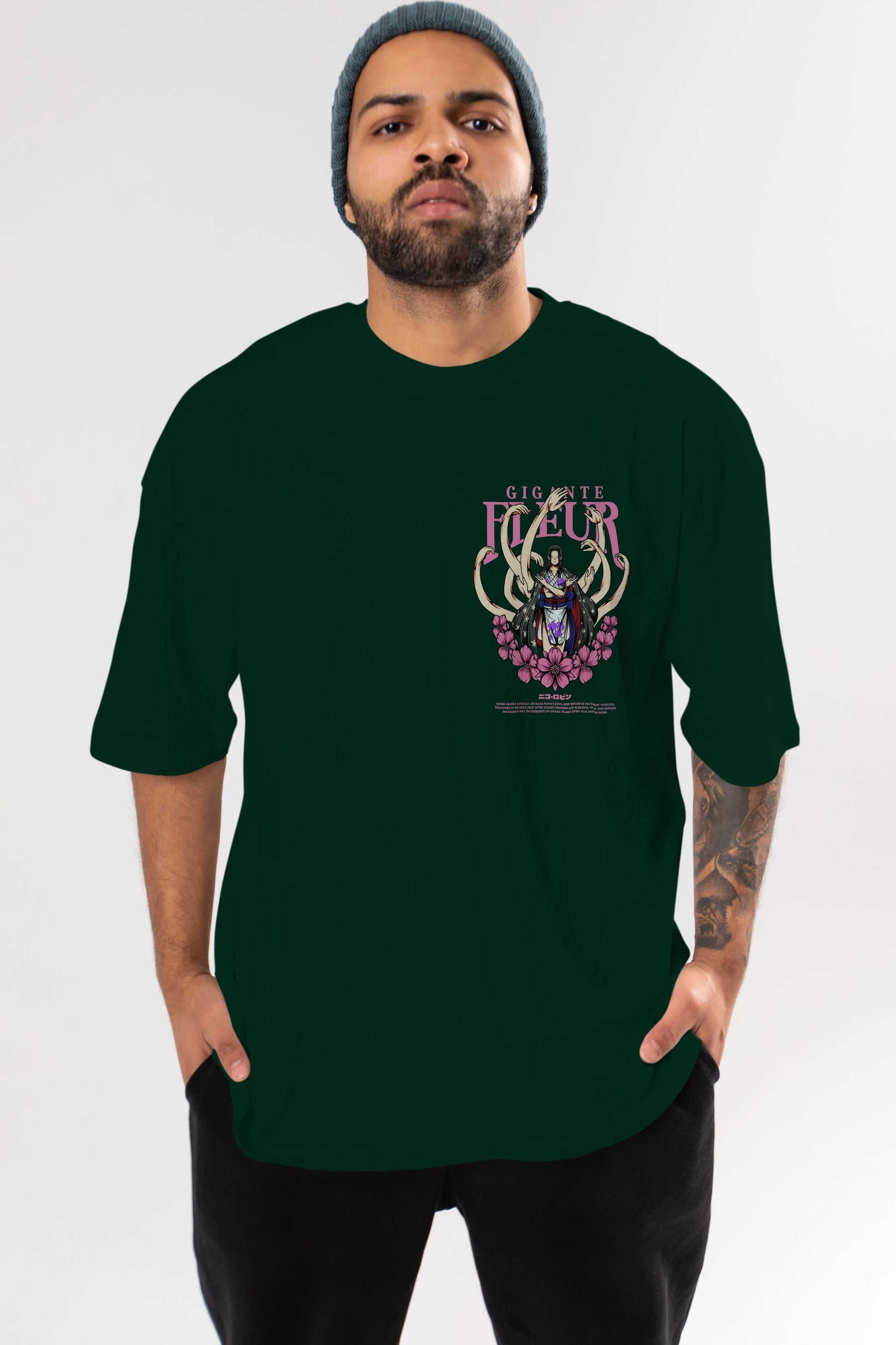 Gigante Fleur Ön Sol Baskılı Oversize t-shirt Erkek Kadın Unisex %100 Pamuk Bisiklet Yaka tişort