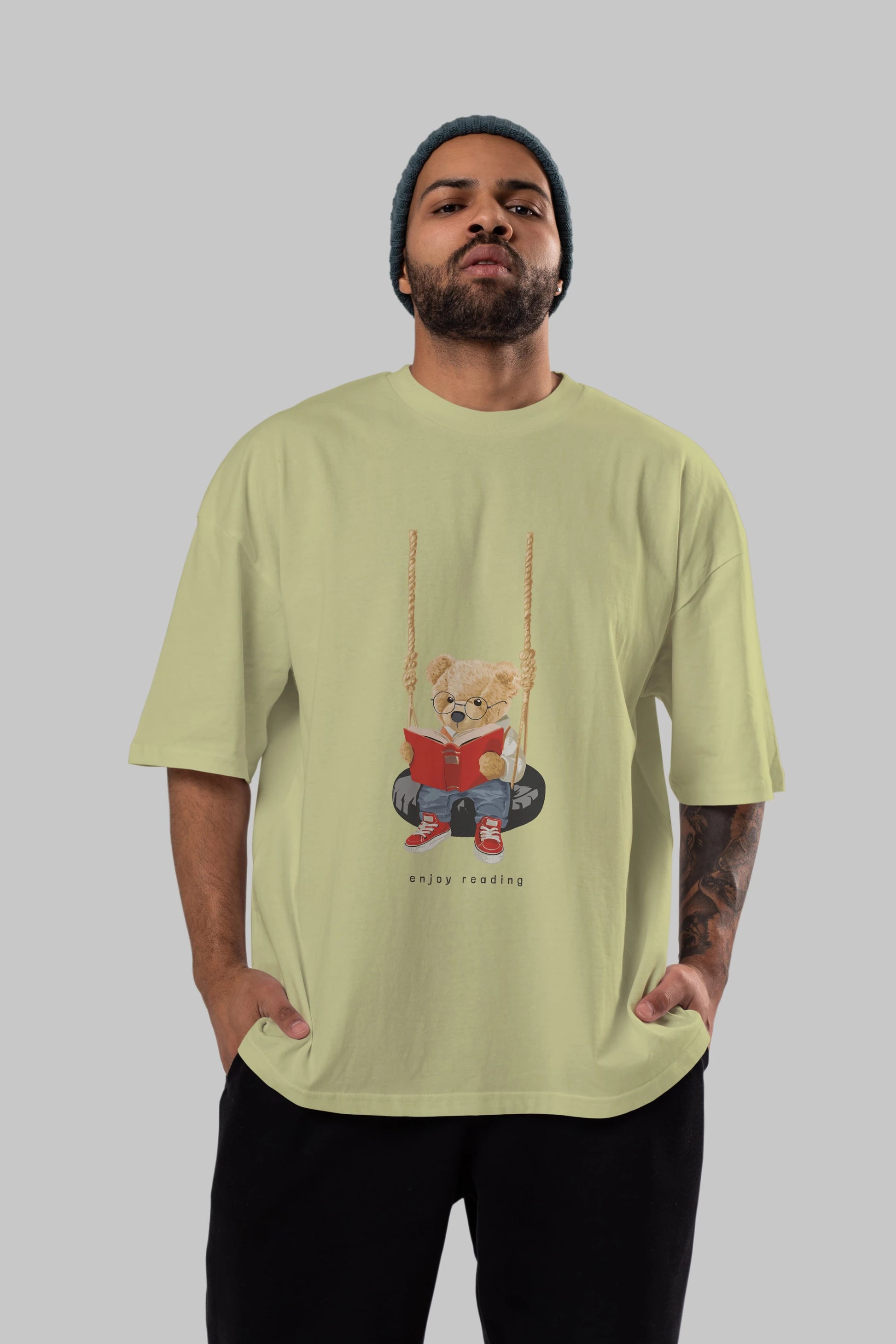 Teddy Bear Enjoy Reading Ön Baskılı Oversize t-shirt Erkek Kadın Unisex %100 Pamuk