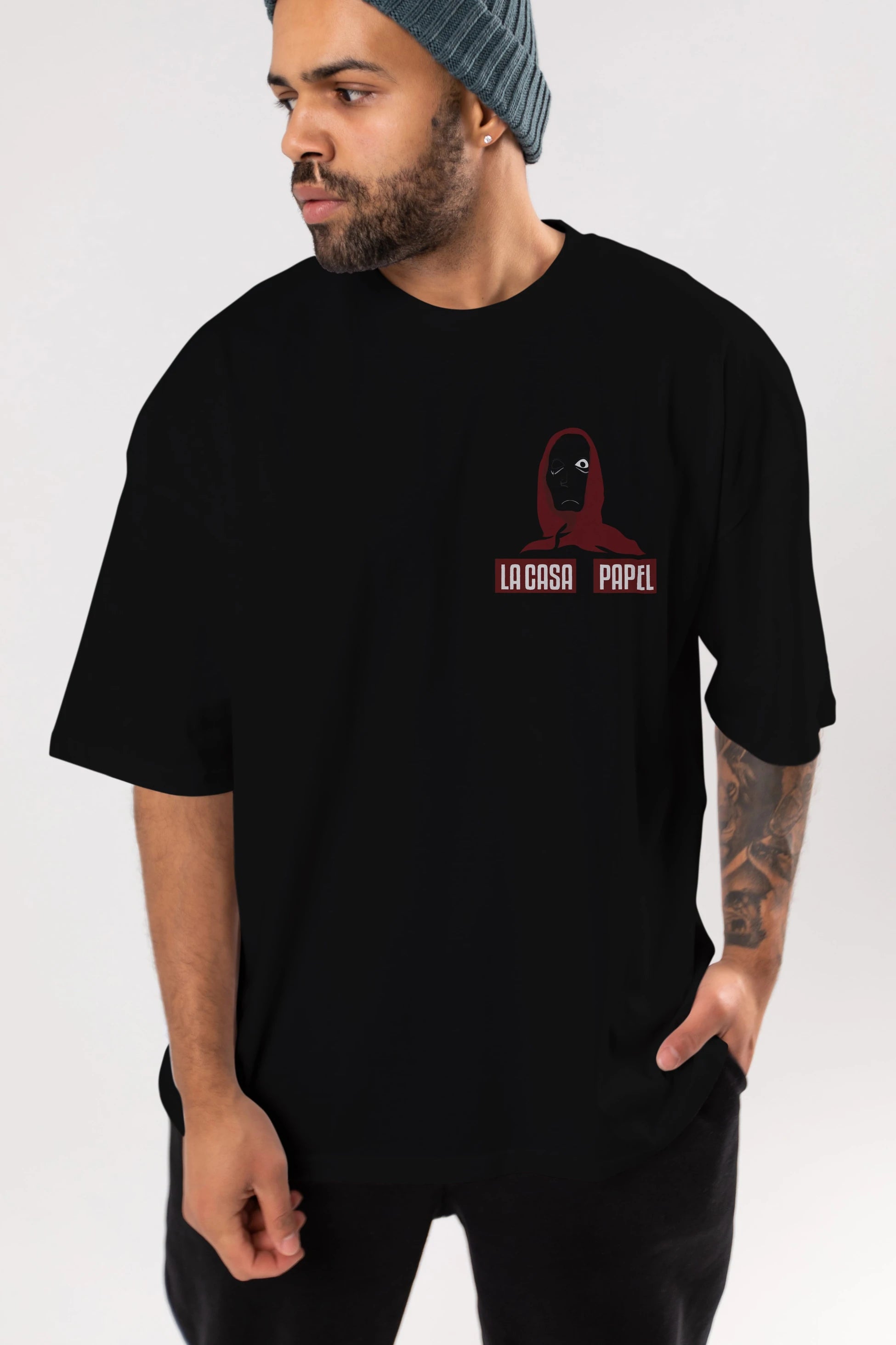 La Casa De Papel (1) Ön Sol Baskılı Oversize t-shirt Erkek Kadın Unisex %100 Pamuk Bisiklet Yaka tişort