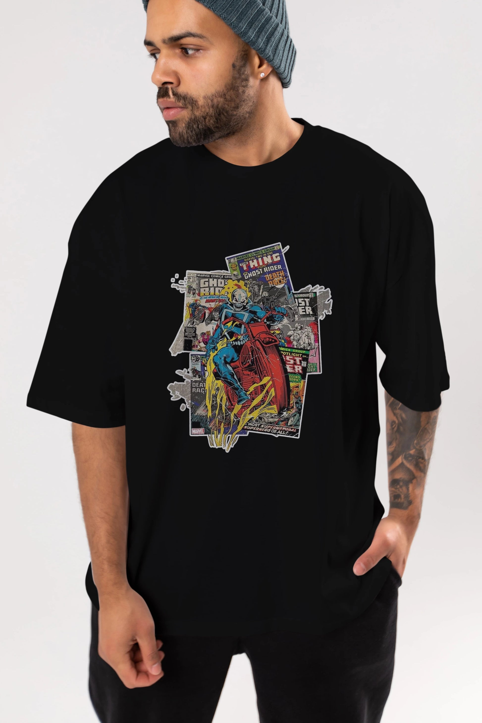 Ghost Rider Ön Baskılı Oversize t-shirt Erkek Kadın Unisex %100 Pamuk Bisiklet Yaka tişort