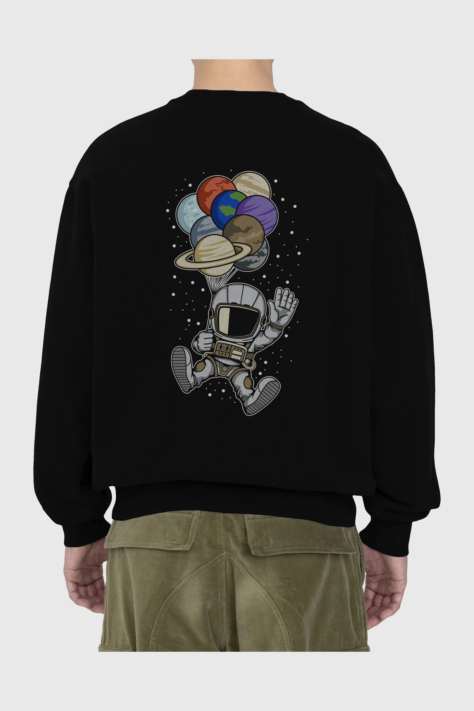 Astronaut Baloon Planets Arka Baskılı Oversize Sweatshirt Erkek Kadın Unisex