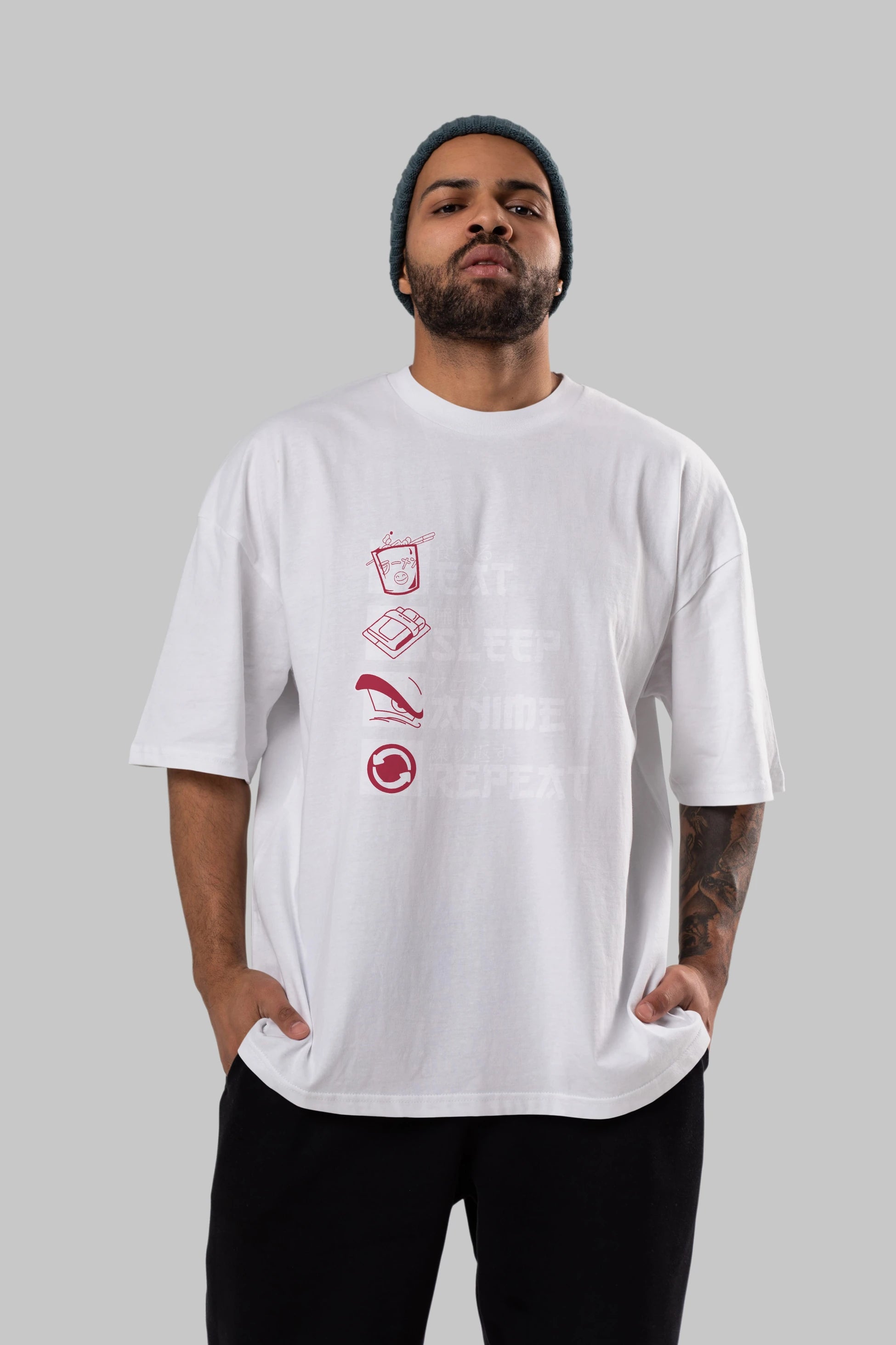 Eat, Sleep, Anime, Repeat Anime Ön Baskılı Oversize t-shirt %100 pamuk Erkek Kadın Unisex
