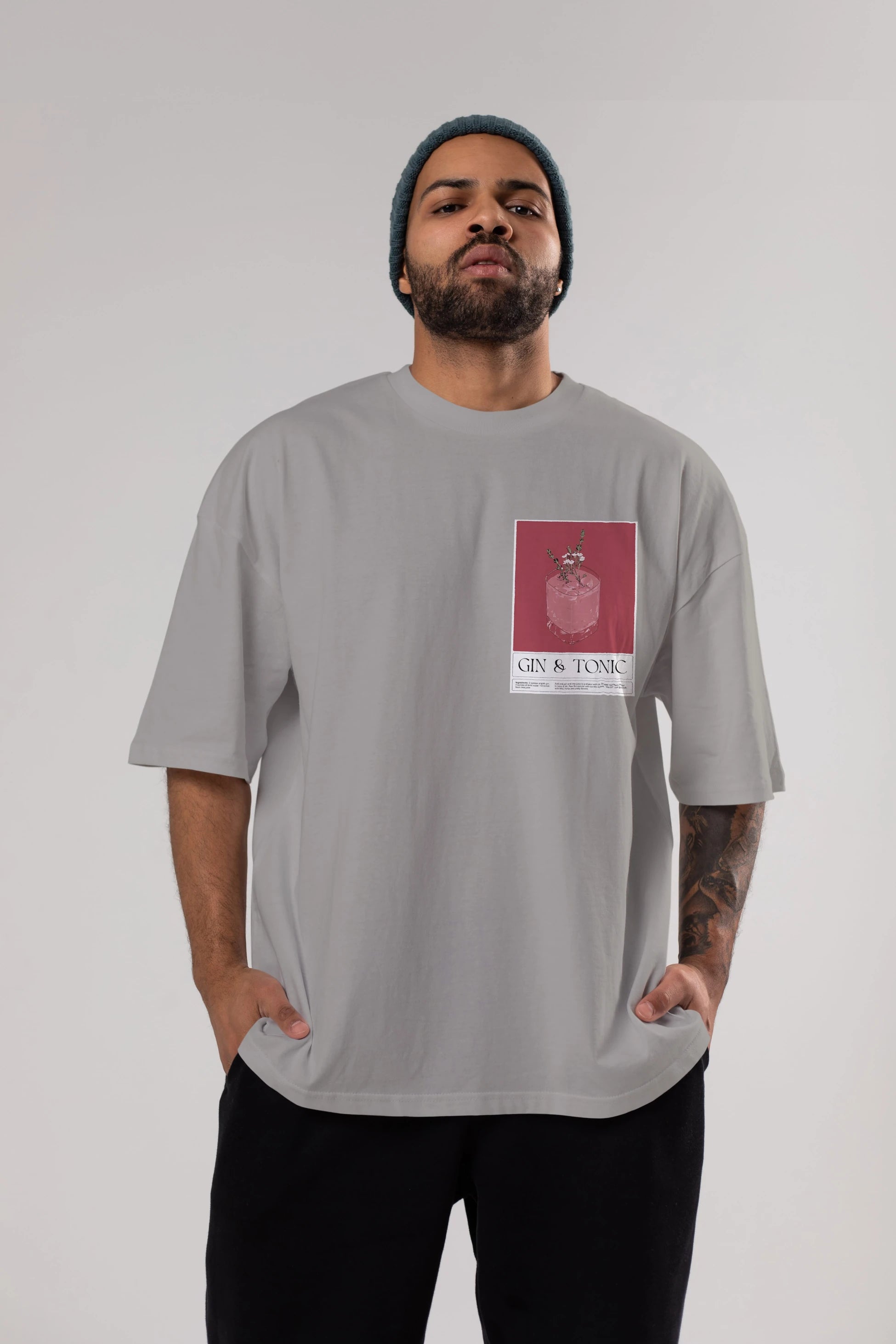 Gin Tonic 4 Ön Sol Baskılı Oversize t-shirt Erkek Kadın Unisex %100 Pamuk Bisiklet Yaka tişort
