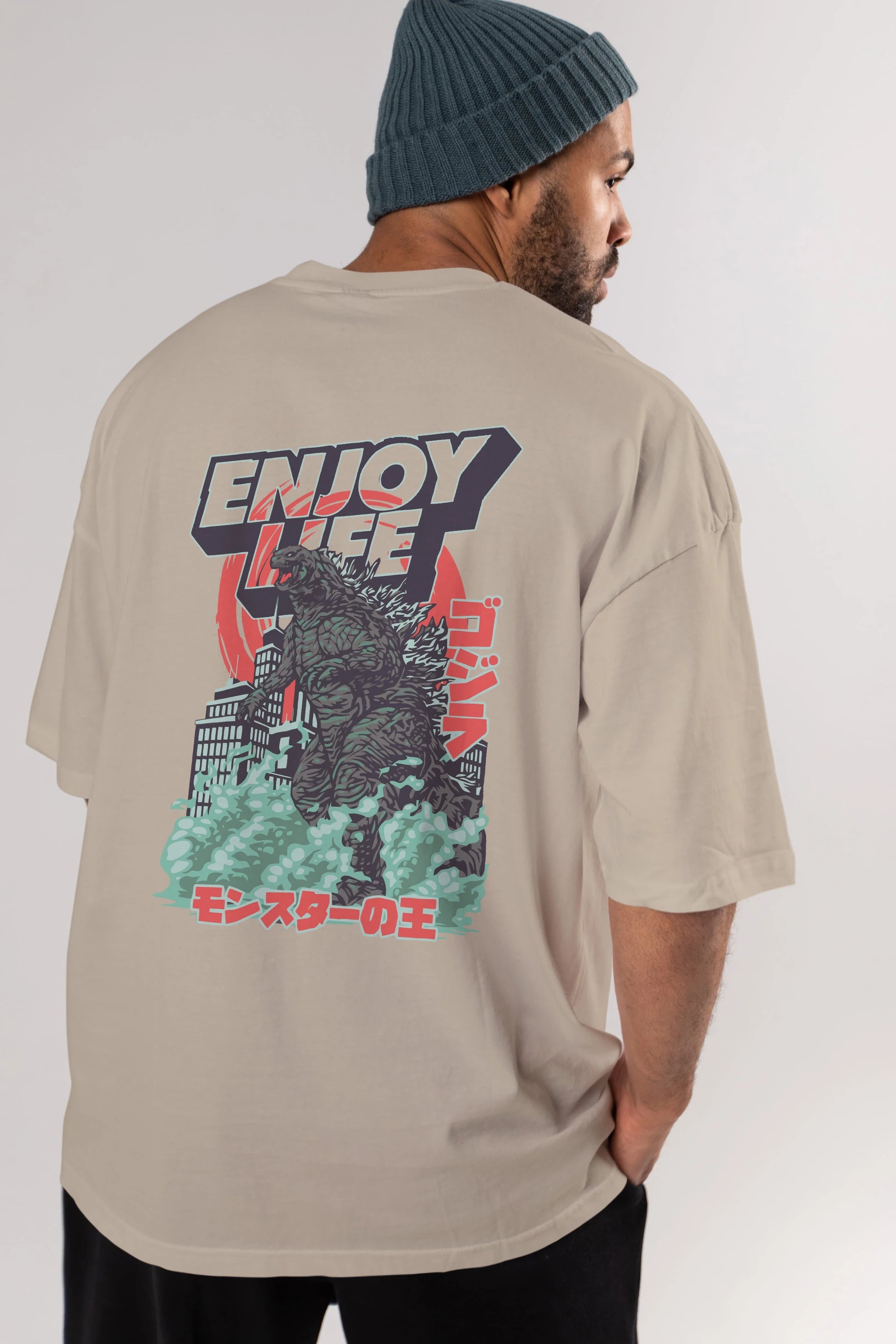 Godzilla Arka Baskılı Oversize t-shirt Erkek Kadın Unisex %100 Pamuk Bisiklet Yaka tişort