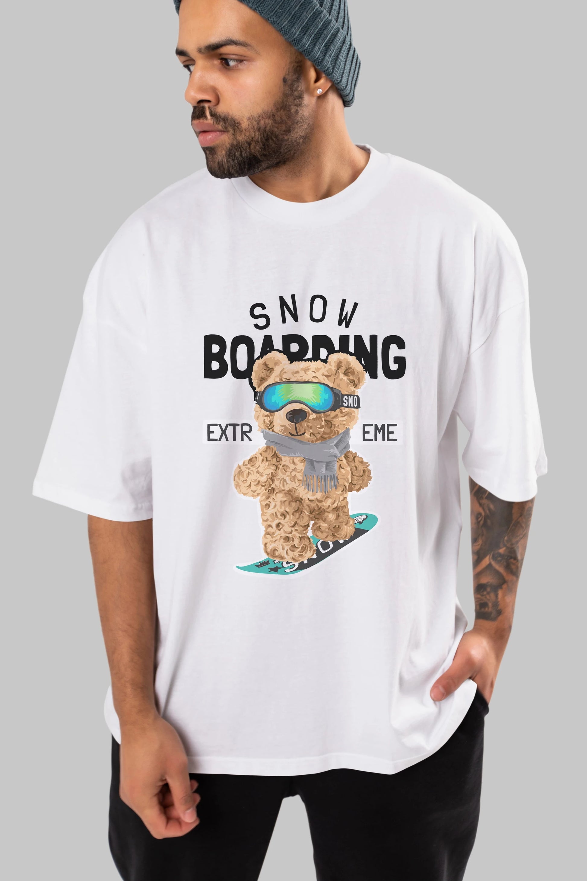 Teddy Bear Snow Boarding Ön Baskılı Oversize t-shirt Erkek Kadın Unisex %100 Pamuk