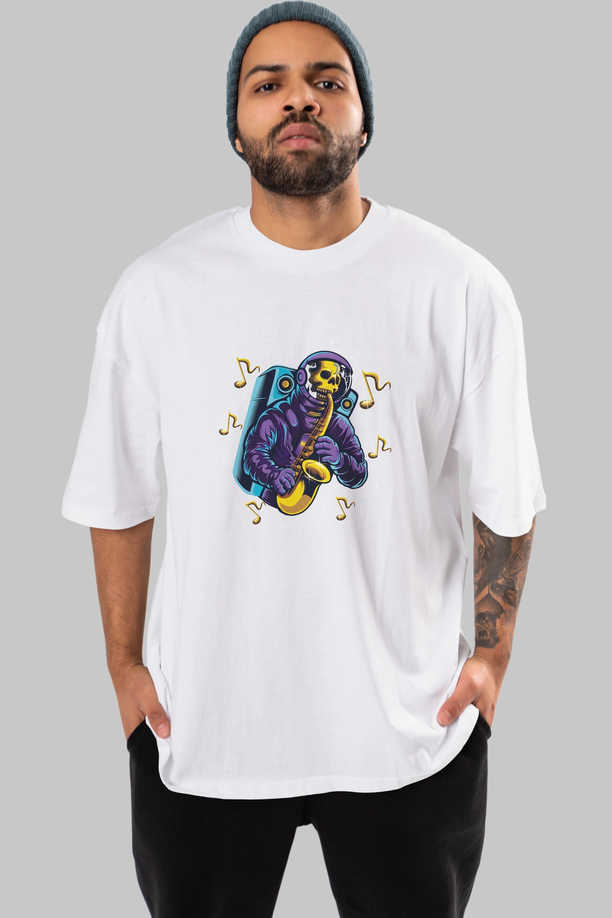 Astroskull Saxophonist Ön Baskılı Oversize t-shirt Erkek Kadın Unisex
