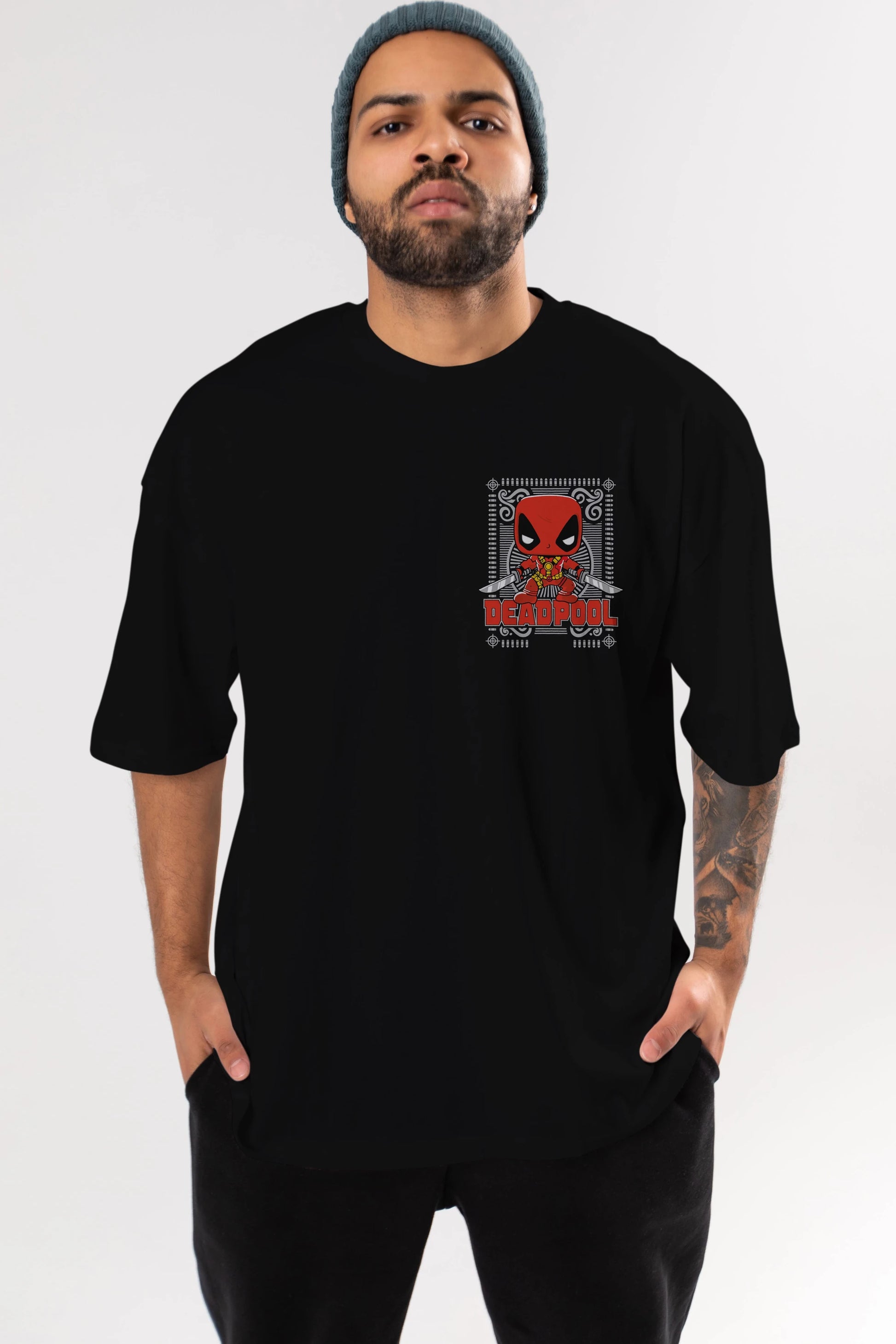 Deadpool (17) Ön Sol Baskılı Oversize t-shirt Erkek Kadın Unisex %100 Pamuk Bisiklet Yaka tişort