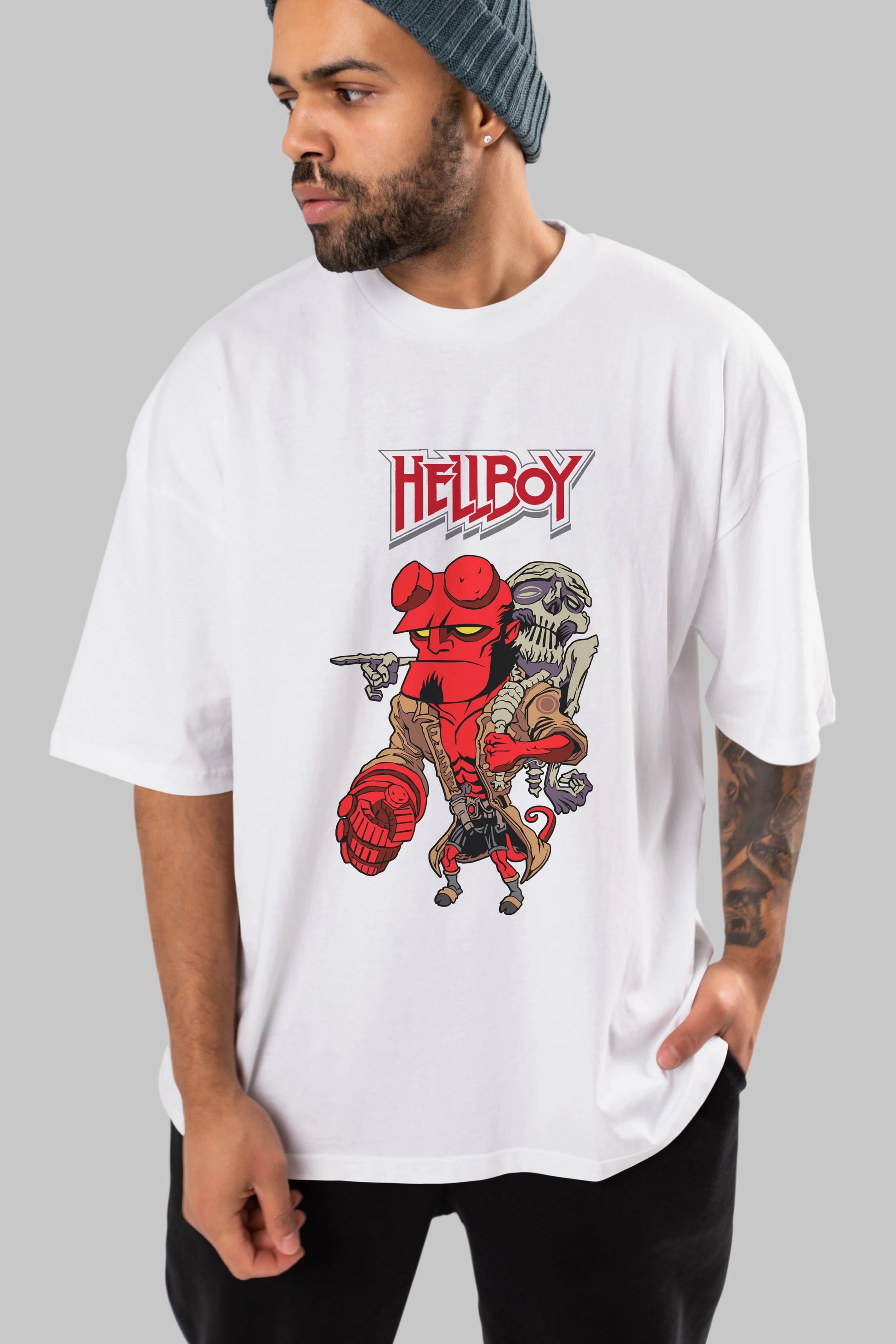 Hellboy (2) Ön Baskılı Oversize t-shirt Erkek Kadın Unisex %100 Pamuk Bisiklet Yaka tişort