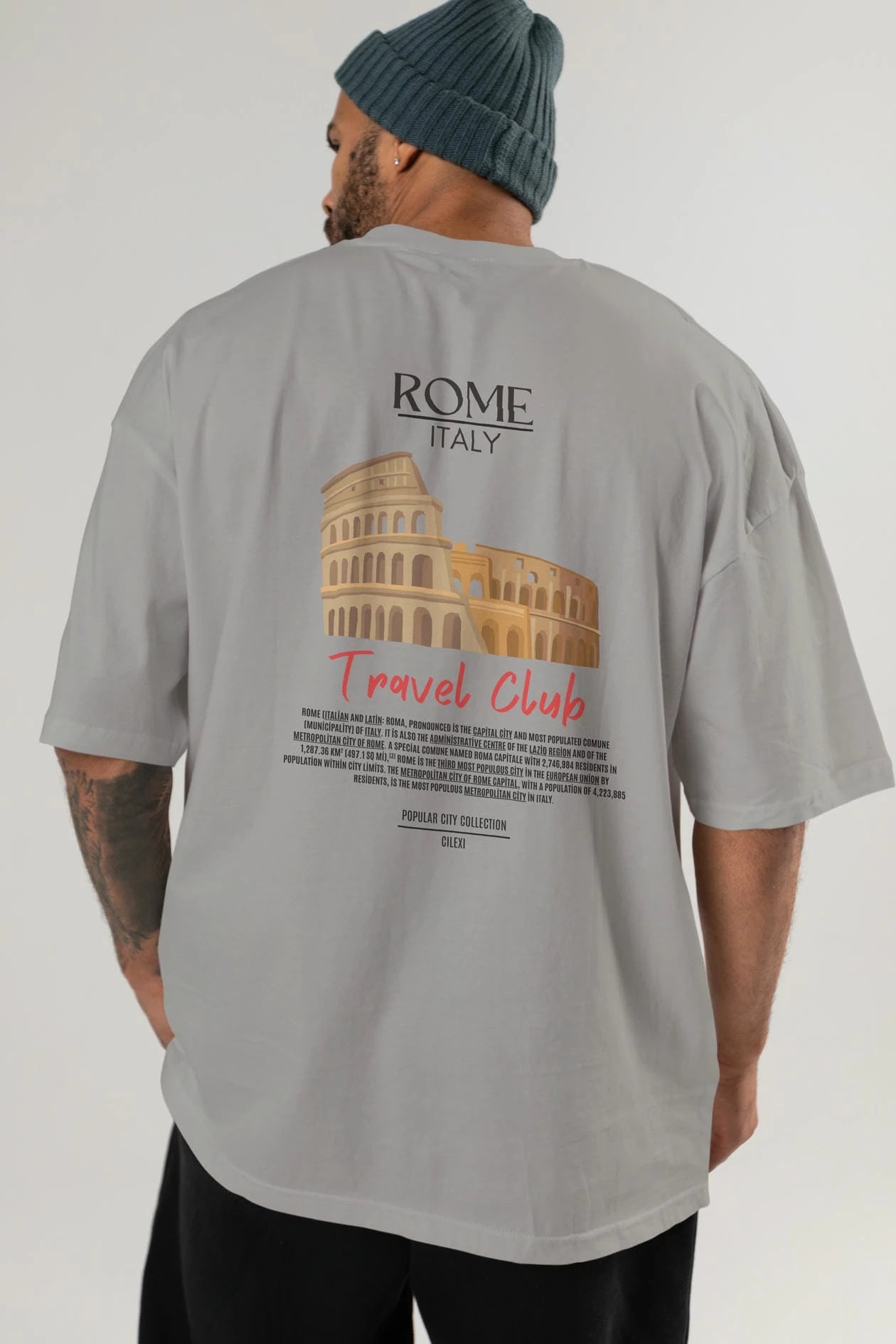 Roma İtaly Arka Baskılı Oversize t-shirt Erkek Kadın Pamuk Bisiklet Yaka tişort