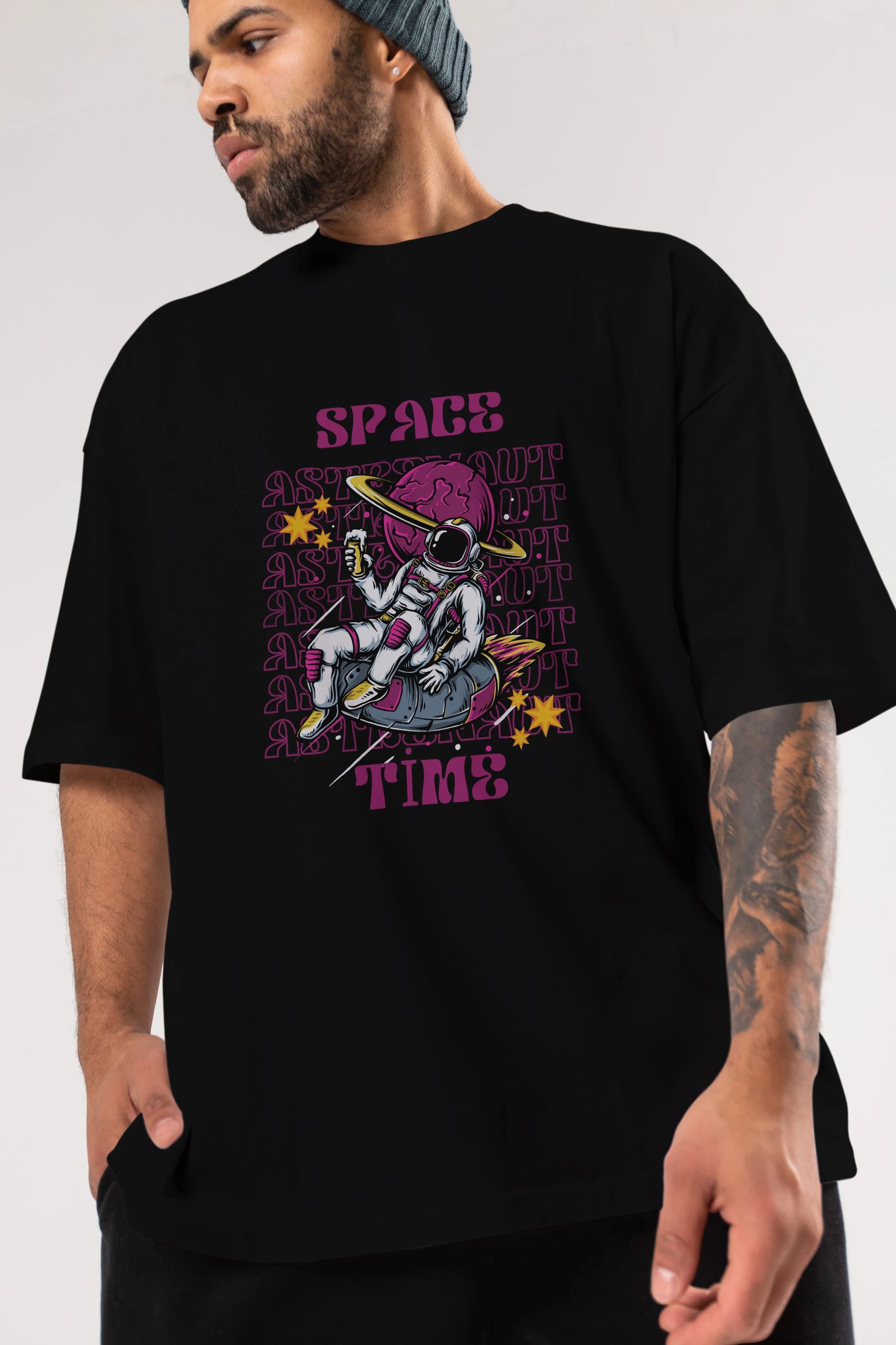 Space Time Astronaut Yazılı Ön Baskılı Oversize t-shirt Erkek Kadın Unisex