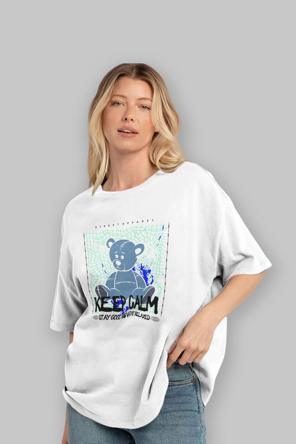 Keep Calm Bear Ön Baskılı Oversize t-shirt Erkek Kadın Unisex