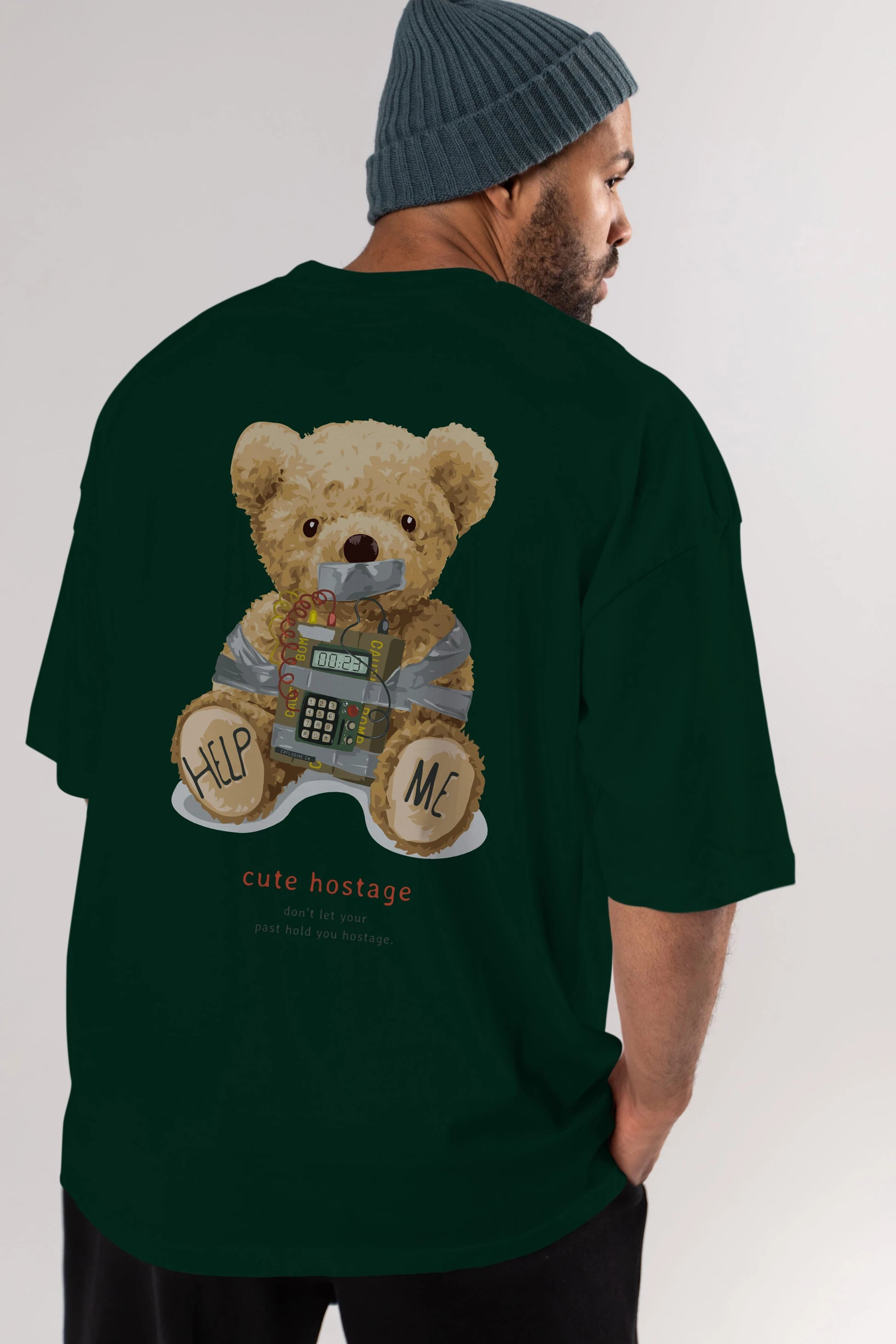 Teddy Bear Help Me Arka Baskılı Oversize t-shirt Erkek Kadın Unisex %100 Pamuk