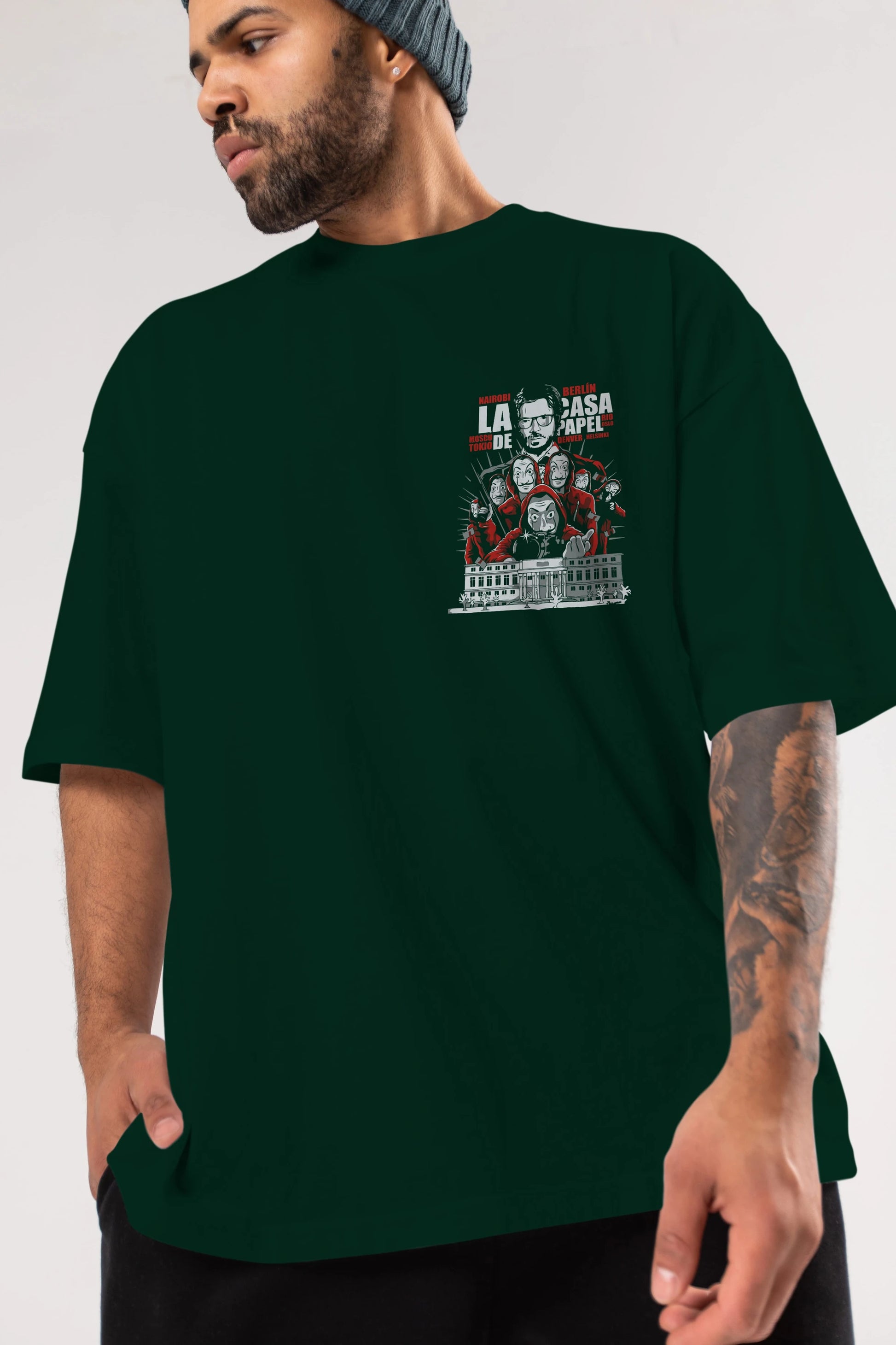 La Casa De Papel (2) Ön Sol Baskılı Oversize t-shirt Erkek Kadın Unisex %100 Pamuk Bisiklet Yaka tişort