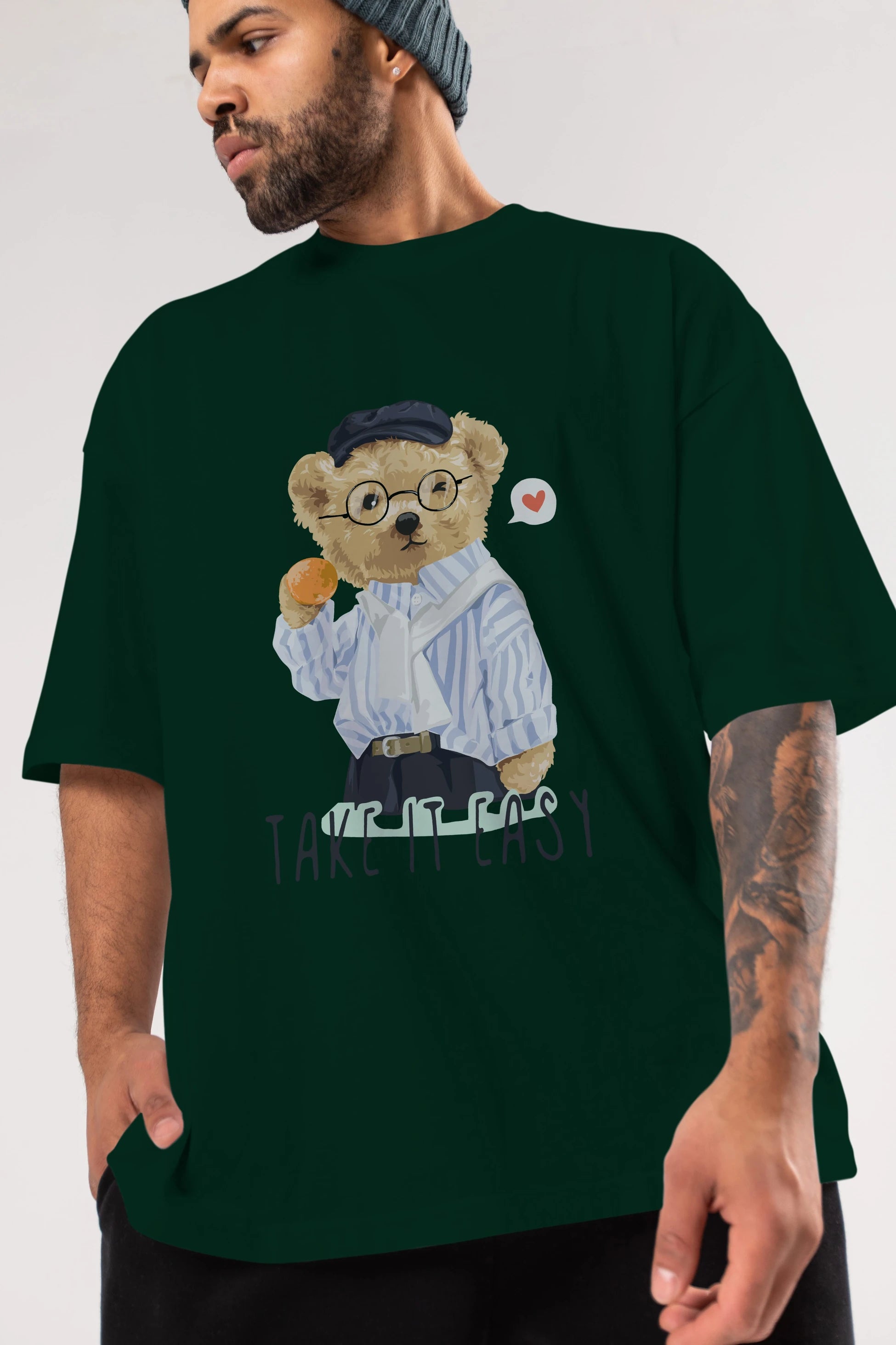 Teddy Bear Take it Easy Ön Baskılı Oversize t-shirt Erkek Kadın Unisex %100 Pamuk