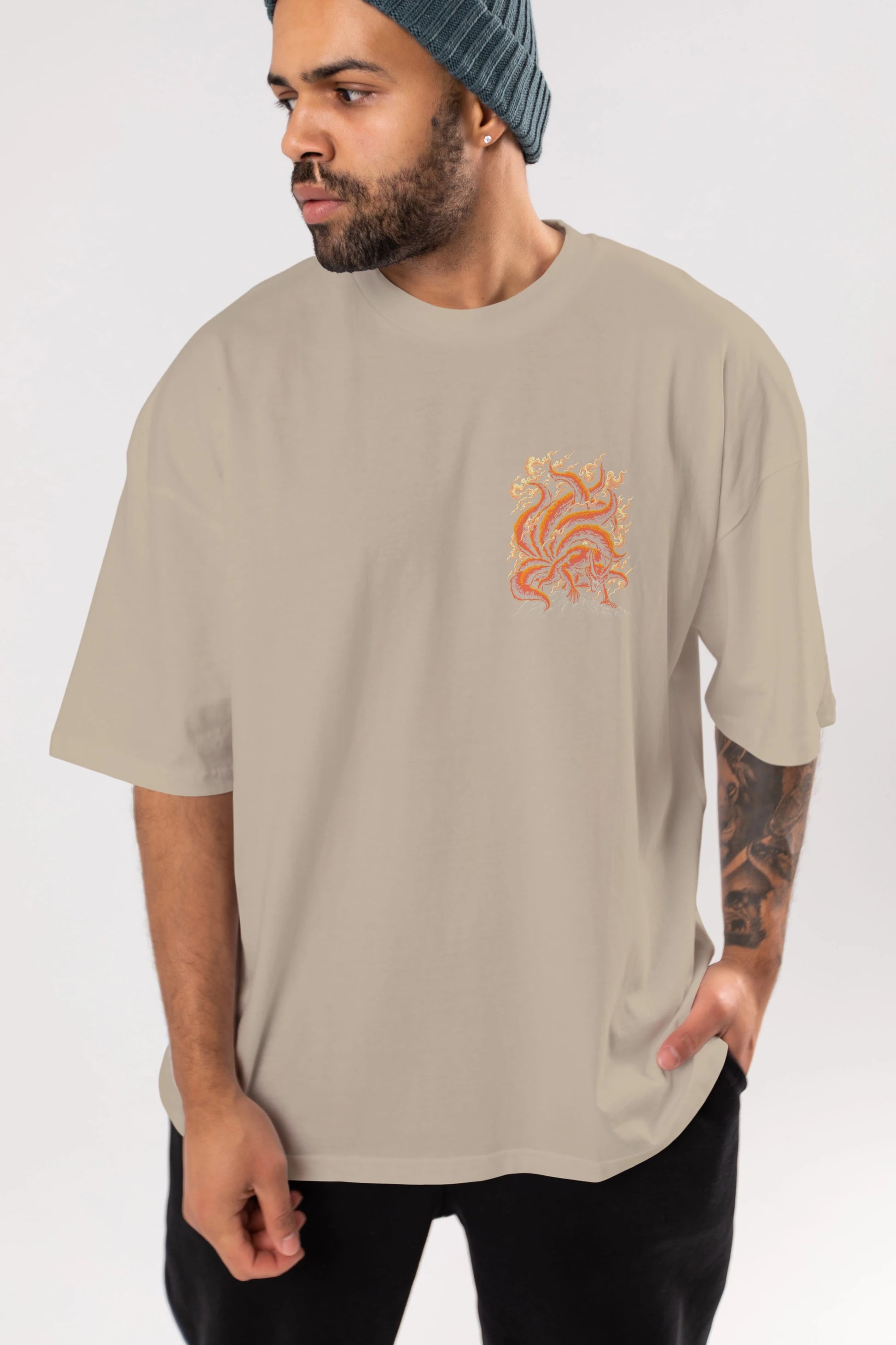 NARUTO KYUUBI Ön Sol Baskılı Oversize t-shirt Erkek Kadın Unisex %100 Pamuk Bisiklet Yaka tişort