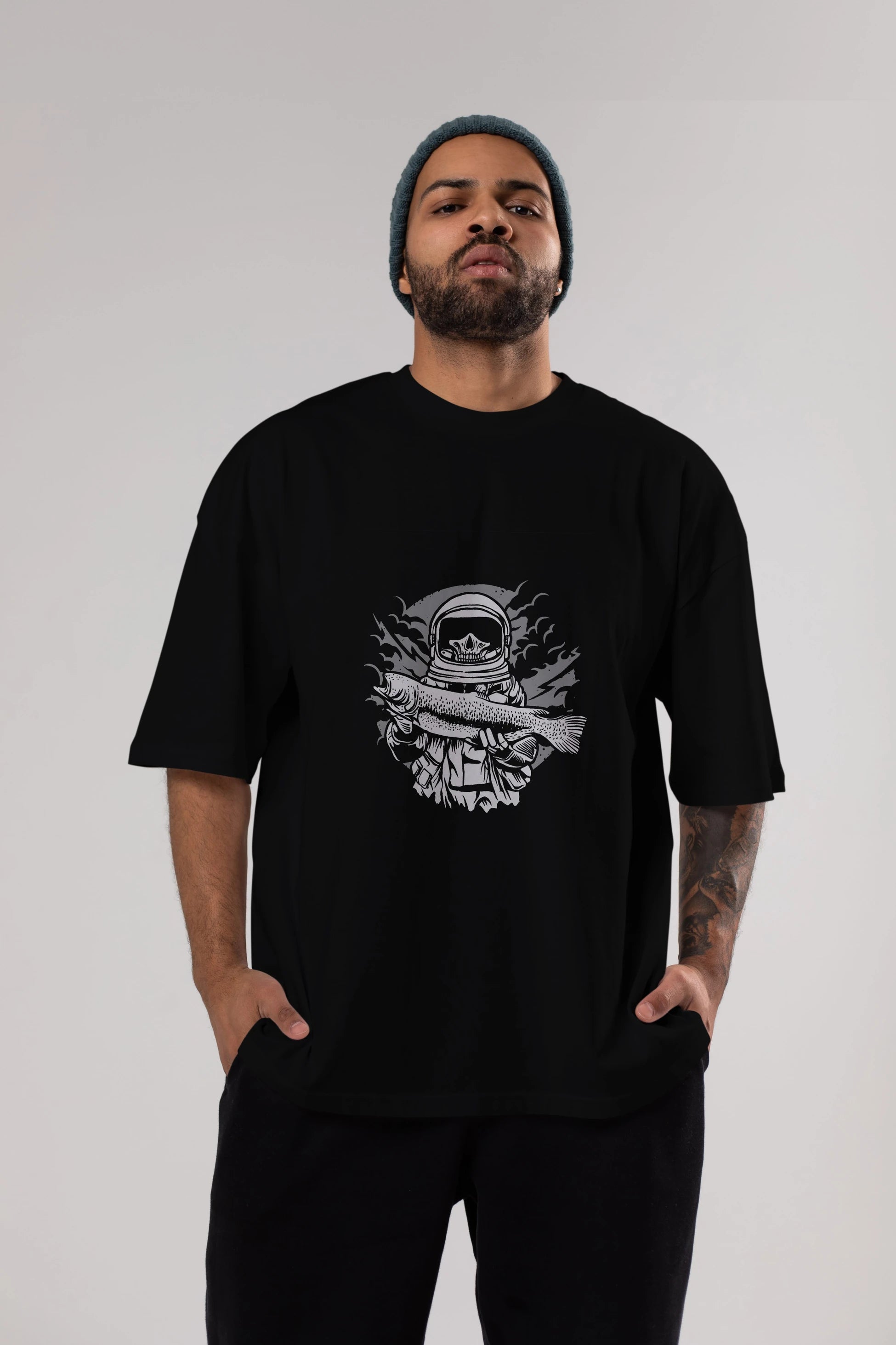 Astronaut Fishing Ön Baskılı Oversize t-shirt Erkek Kadın Unisex %100 Pamuk tişort