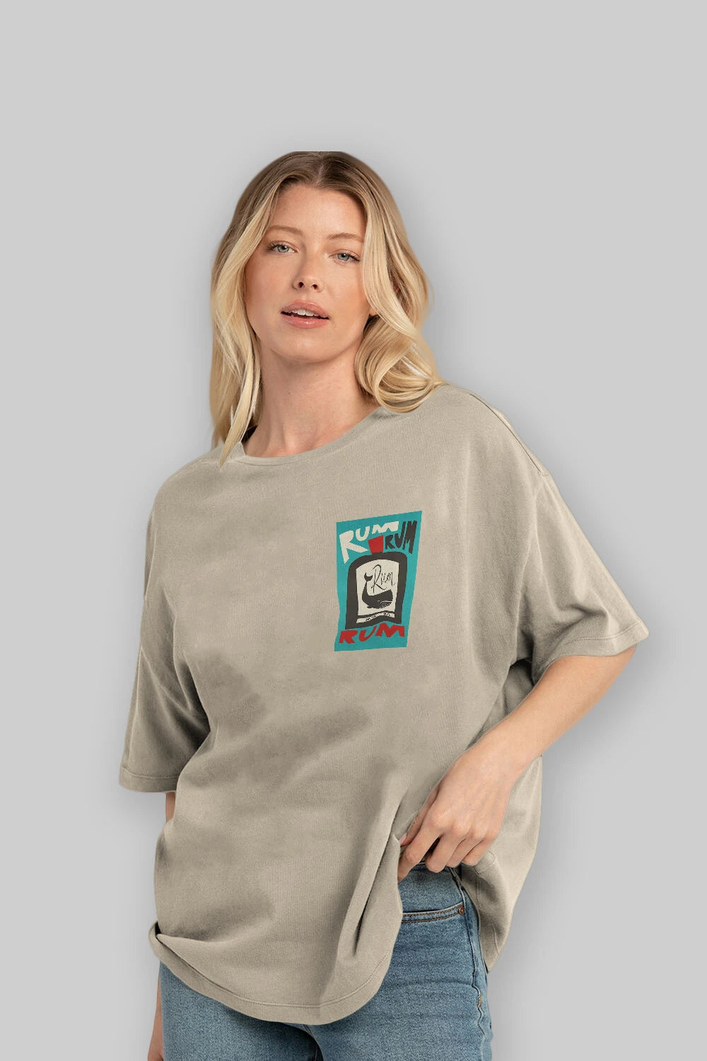 Rum Ön Sol Baskılı Oversize t-shirt Erkek Kadın Unisex %100 Pamuk Bisiklet Yaka tişort