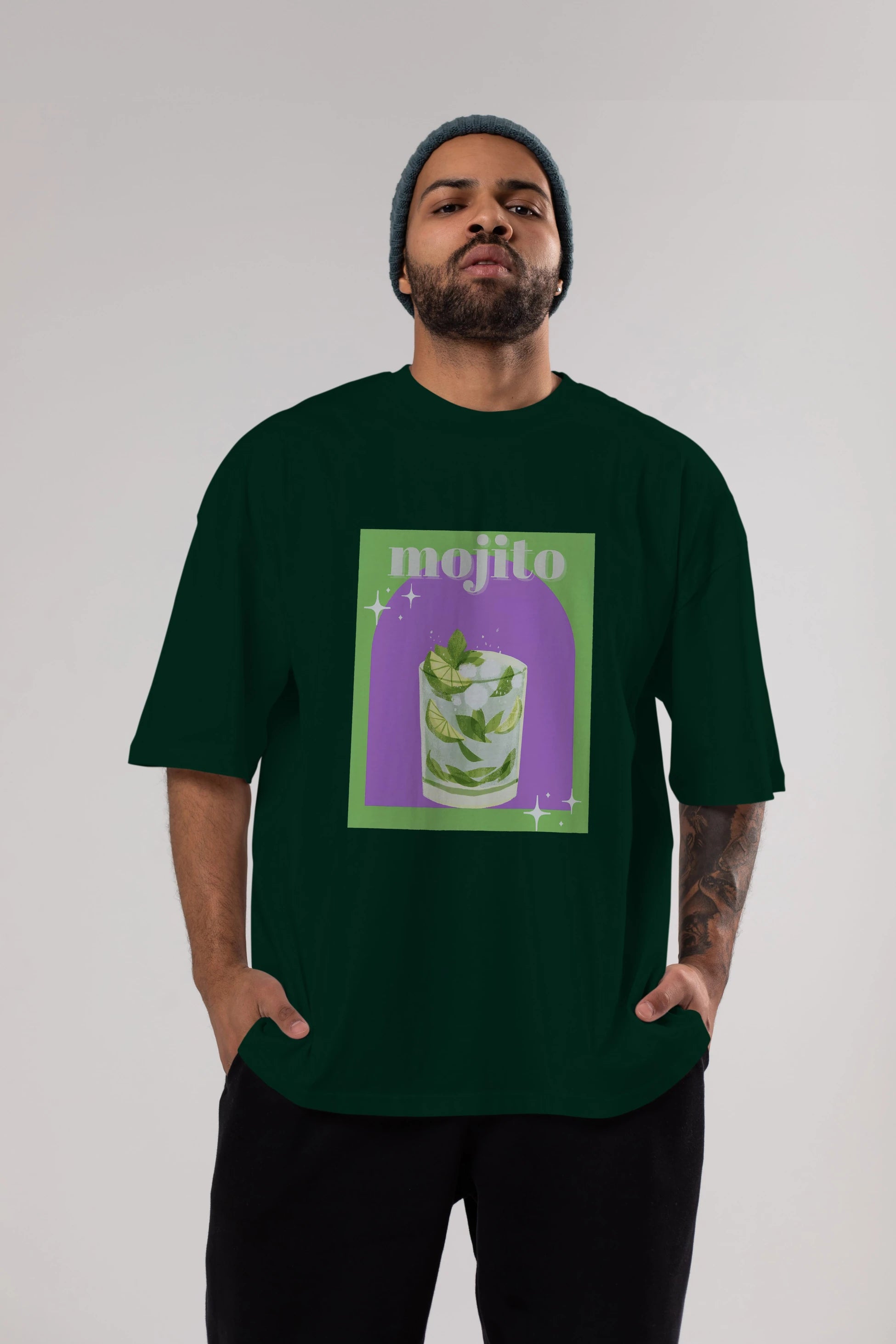 Mojito 3 Ön Baskılı Oversize t-shirt Erkek Kadın Unisex %100 Pamuk Bisiklet Yaka tişort
