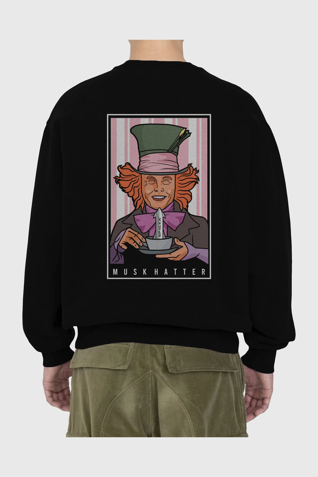 Mad Hatter Elon Musk Arka Baskılı Oversize Sweatshirt Erkek Kadın Unisex