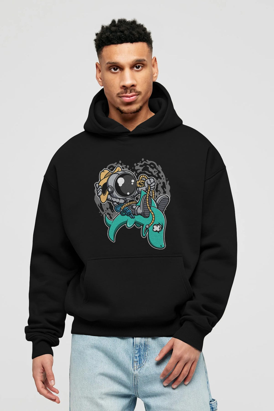 Astronaut Riding Shark Ön Baskılı Hoodie Oversize Kapüşonlu Sweatshirt Erkek Kadın Unisex