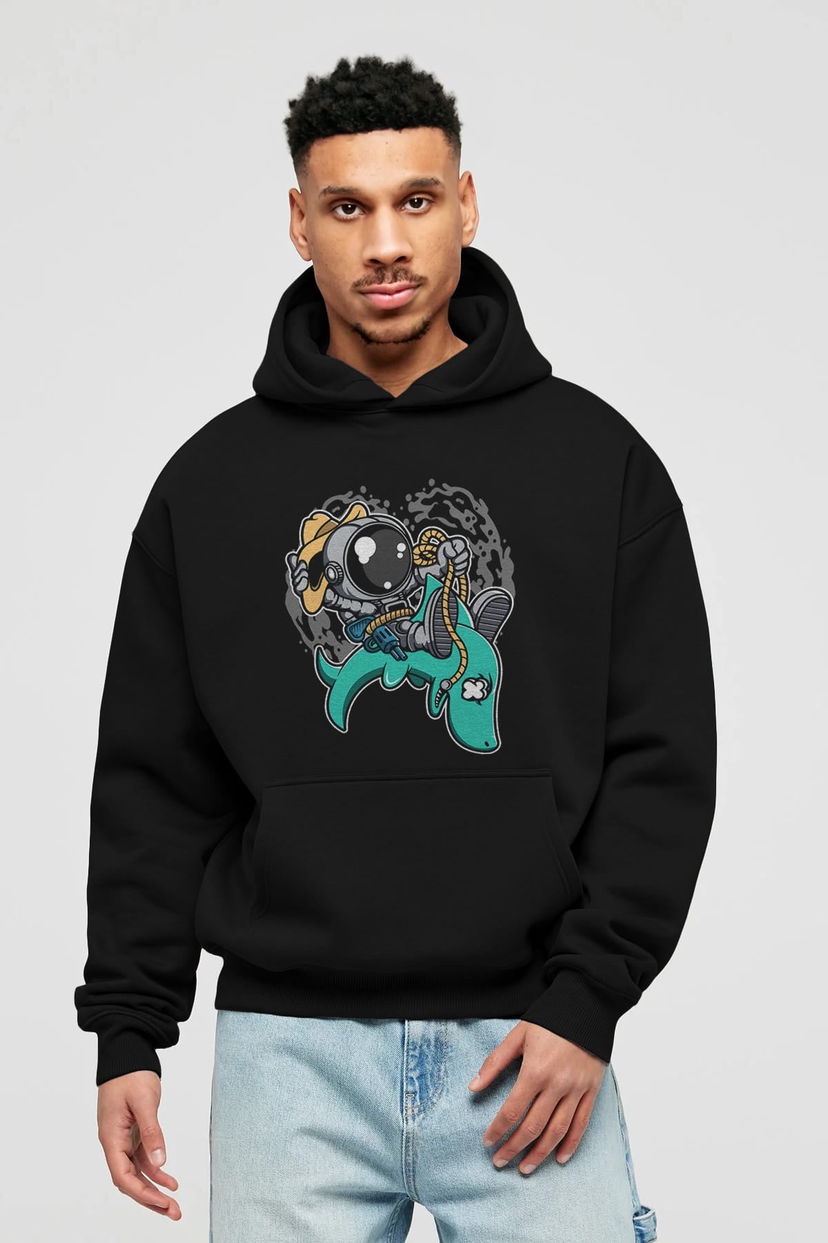 Astronaut Riding Shark Ön Baskılı Hoodie Oversize Kapüşonlu Sweatshirt Erkek Kadın Unisex