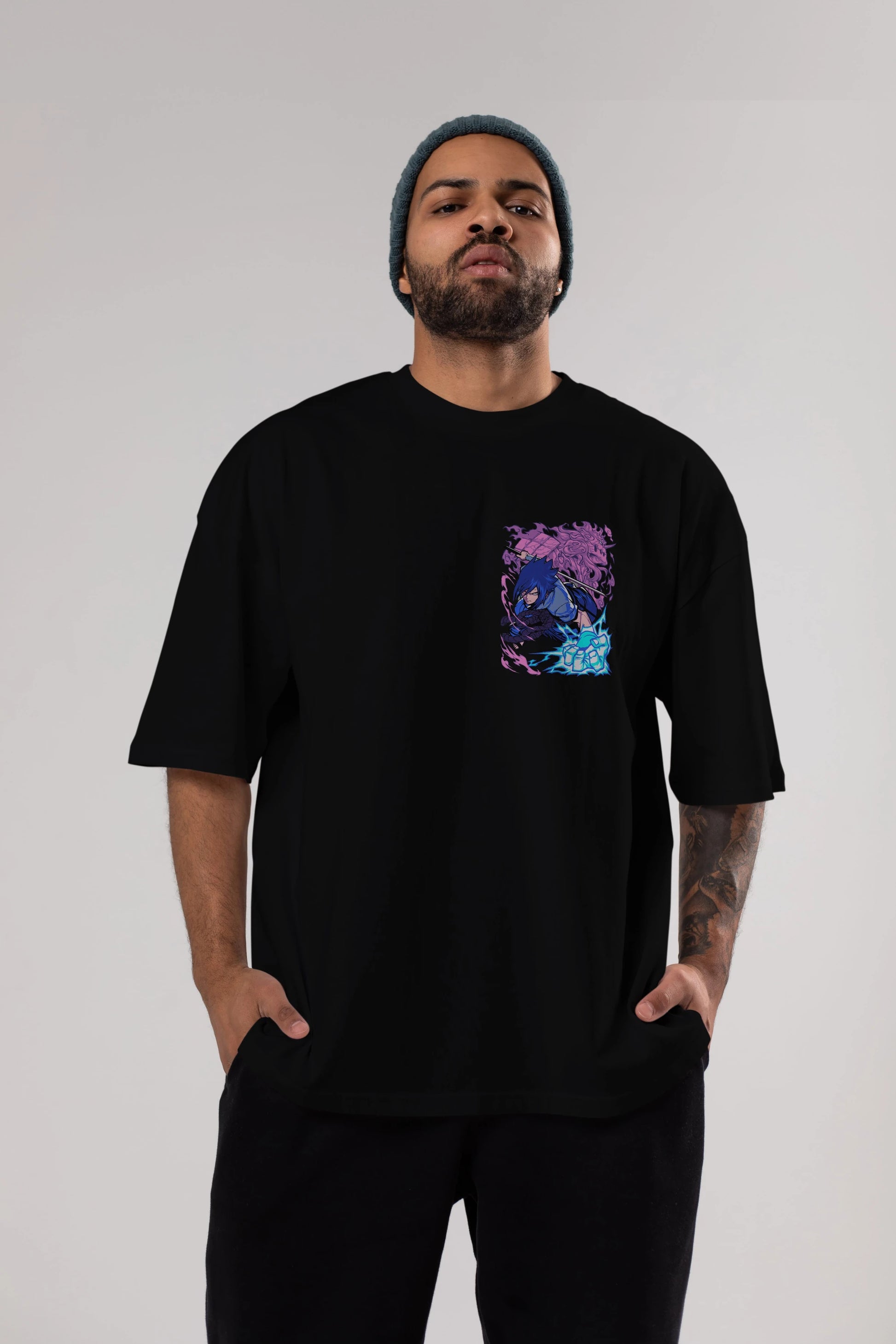 NARUTO SASUKE UCHIHA 2 Ön Sol Baskılı Oversize t-shirt Erkek Kadın Unisex %100 Pamuk Bisiklet Yaka tişort