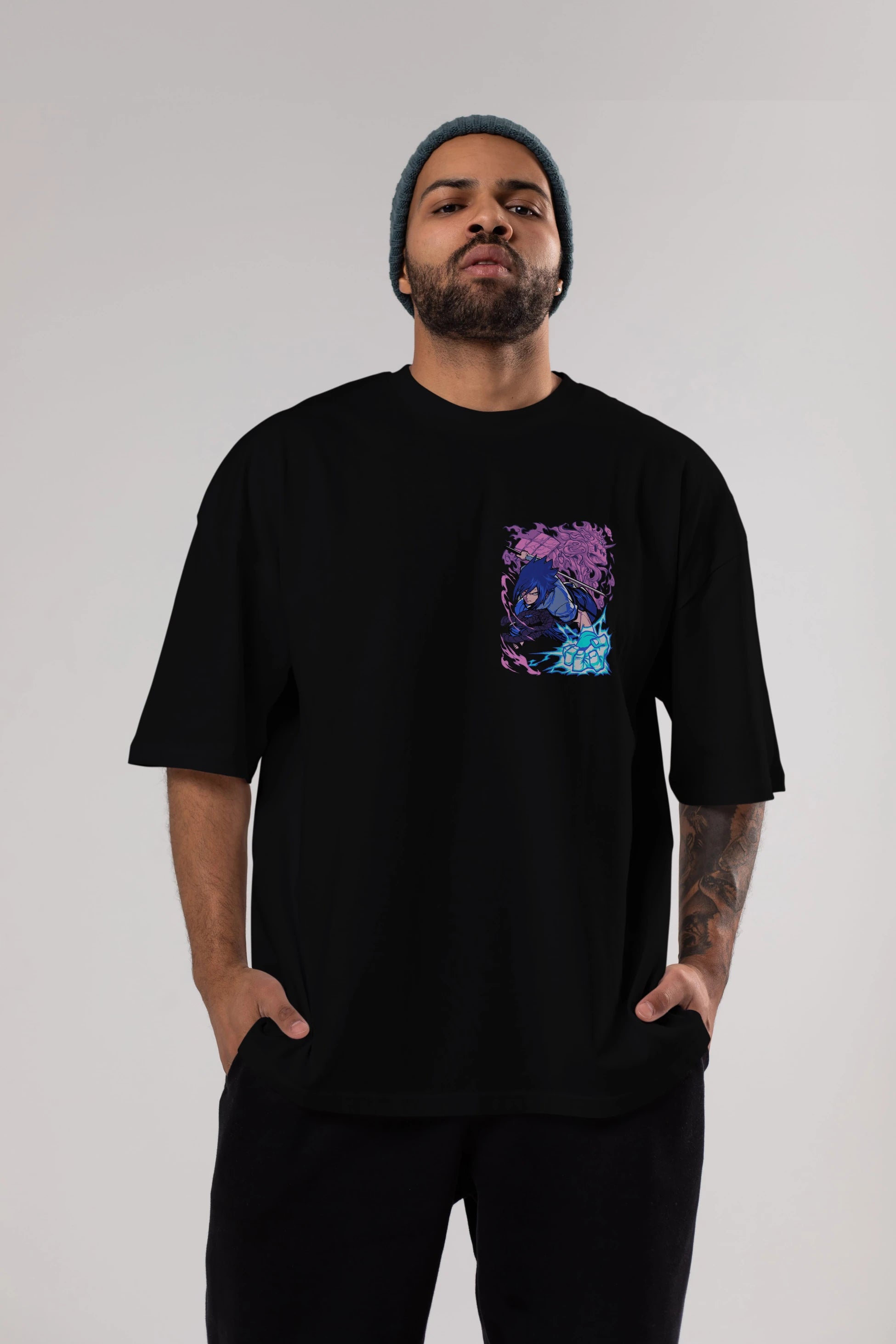 NARUTO SASUKE UCHIHA 2 Ön Sol Baskılı Oversize t-shirt Erkek Kadın Unisex %100 Pamuk Bisiklet Yaka tişort