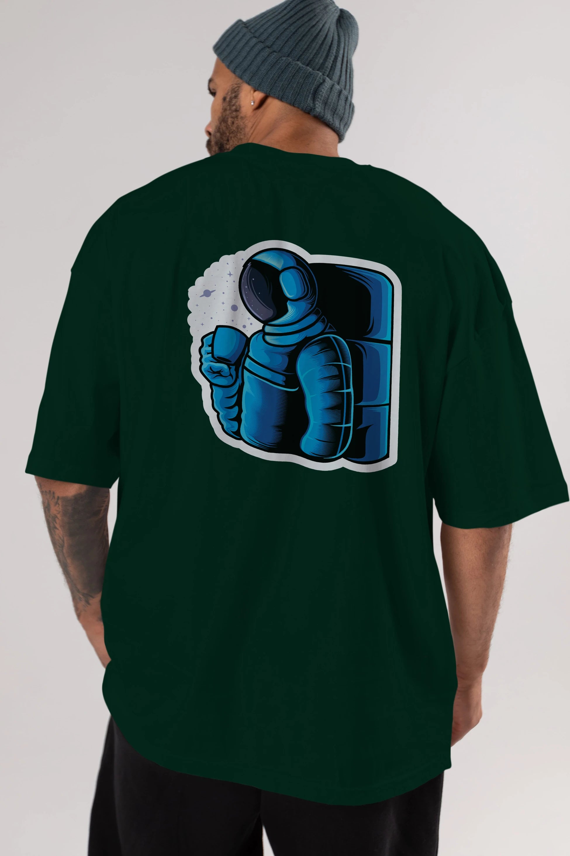 Drinking coffee in space sticker Arka Baskılı Oversize t-shirt Erkek Kadın Unisex